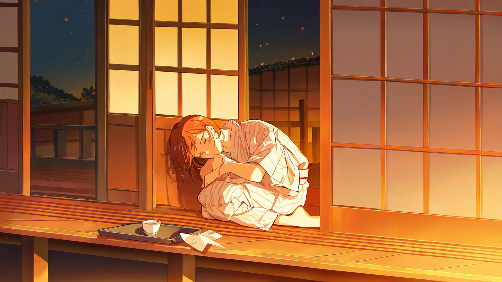 girl reading engawa lofi wallpaper