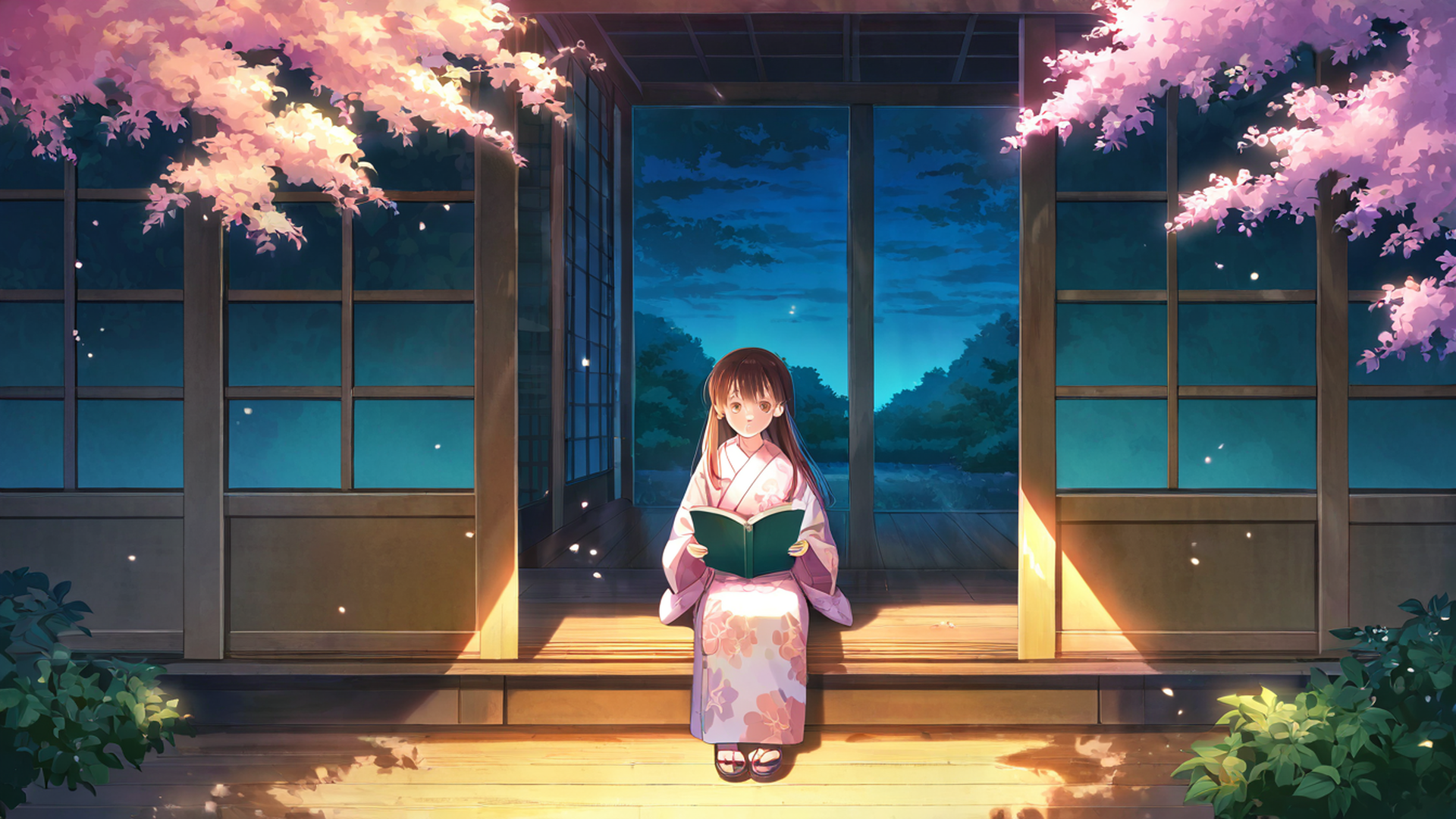 girl reading engawa lofi wallpaper