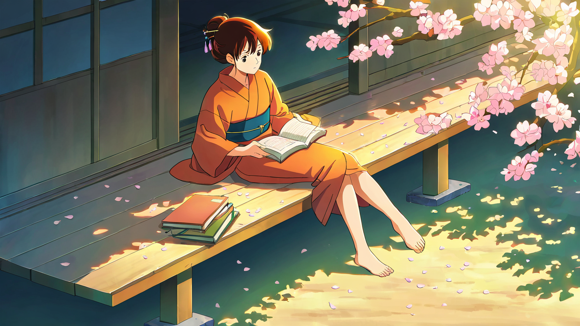 girl reading engawa lofi wallpaper