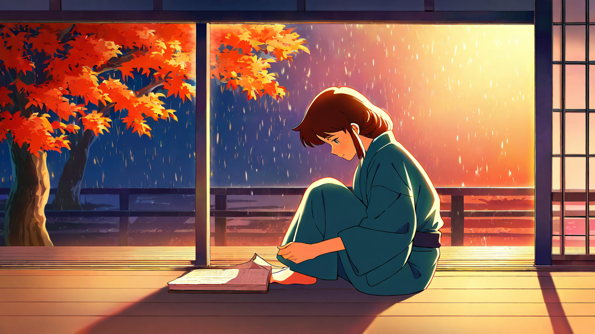 girl reading engawa lofi wallpaper