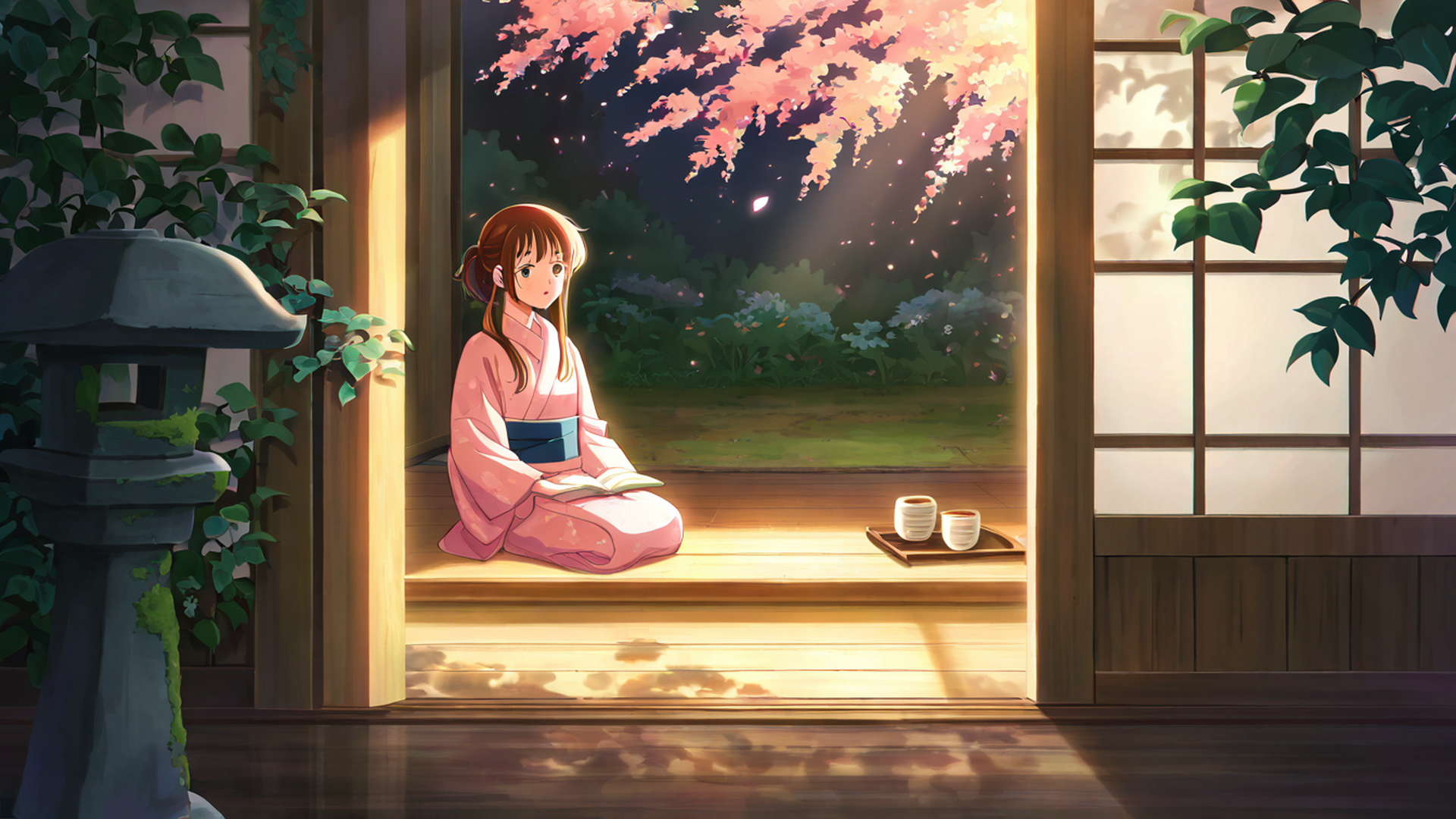 girl reading engawa lofi wallpaper
