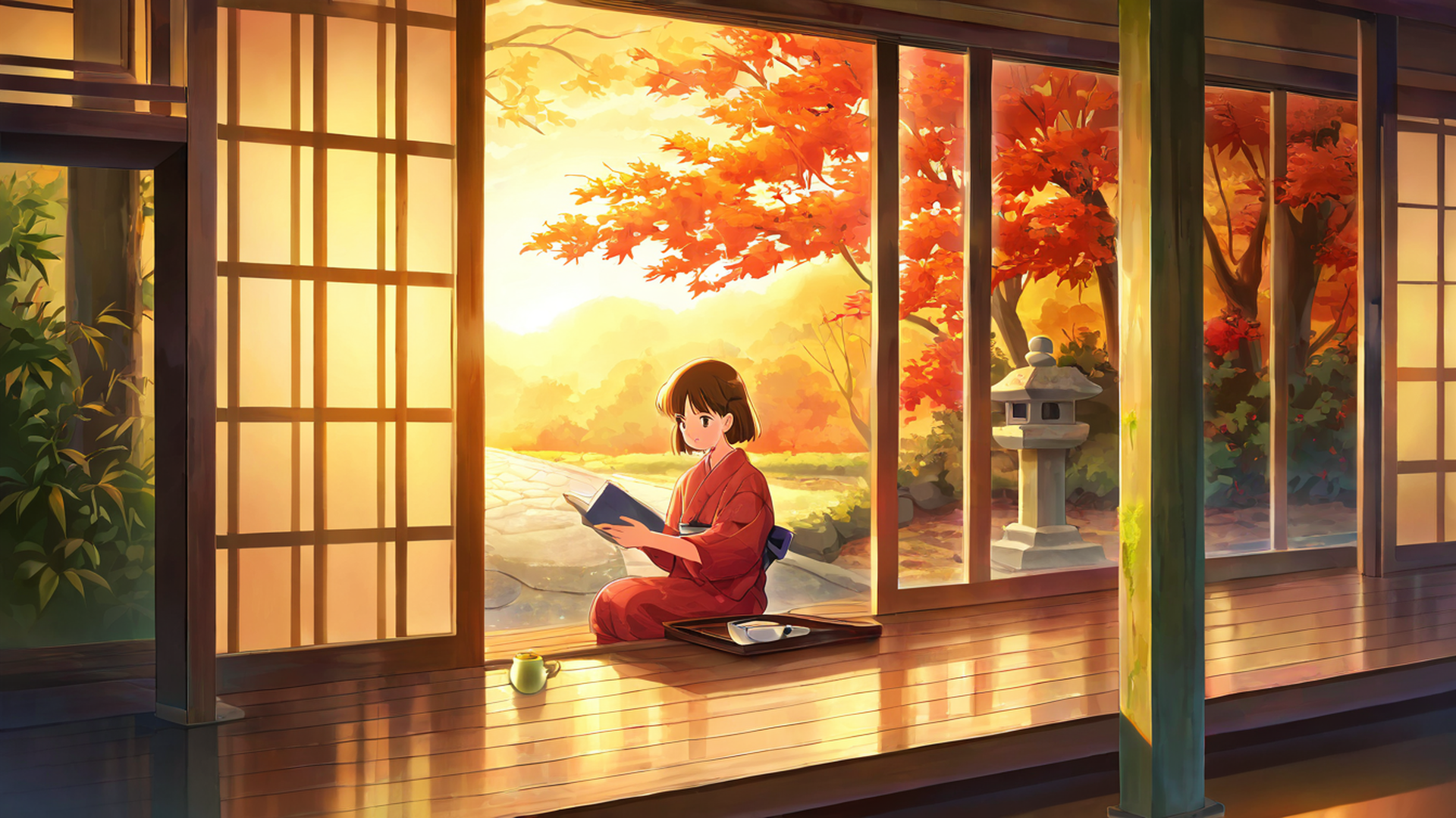 girl reading engawa lofi wallpaper