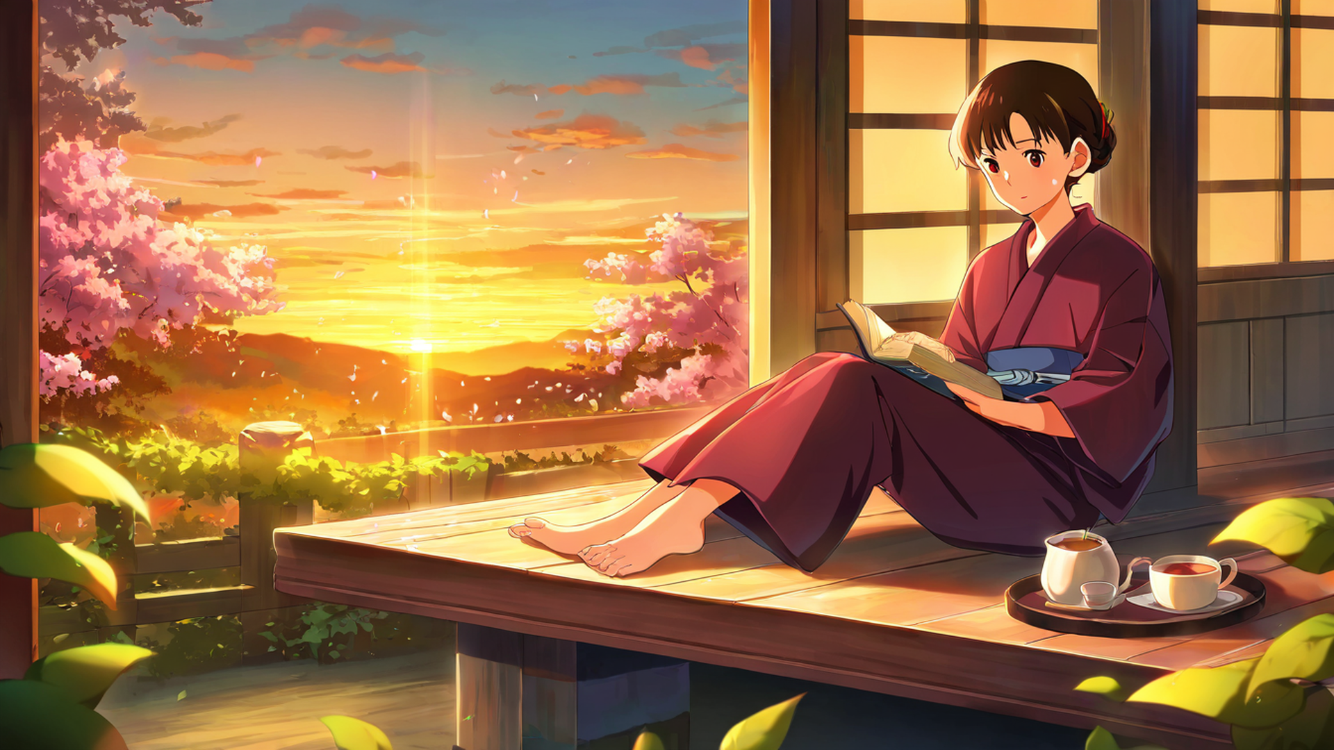 girl reading engawa lofi wallpaper