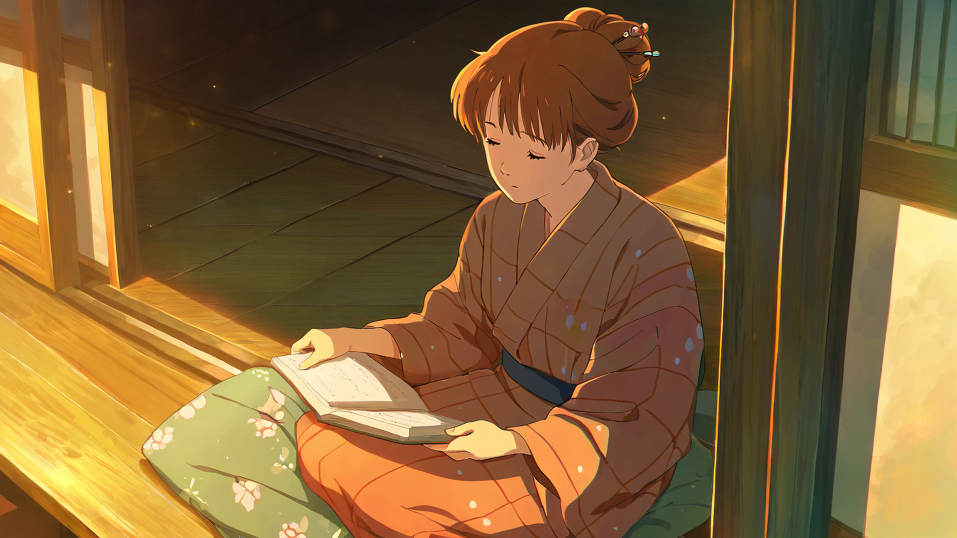 girl reading engawa lofi wallpaper