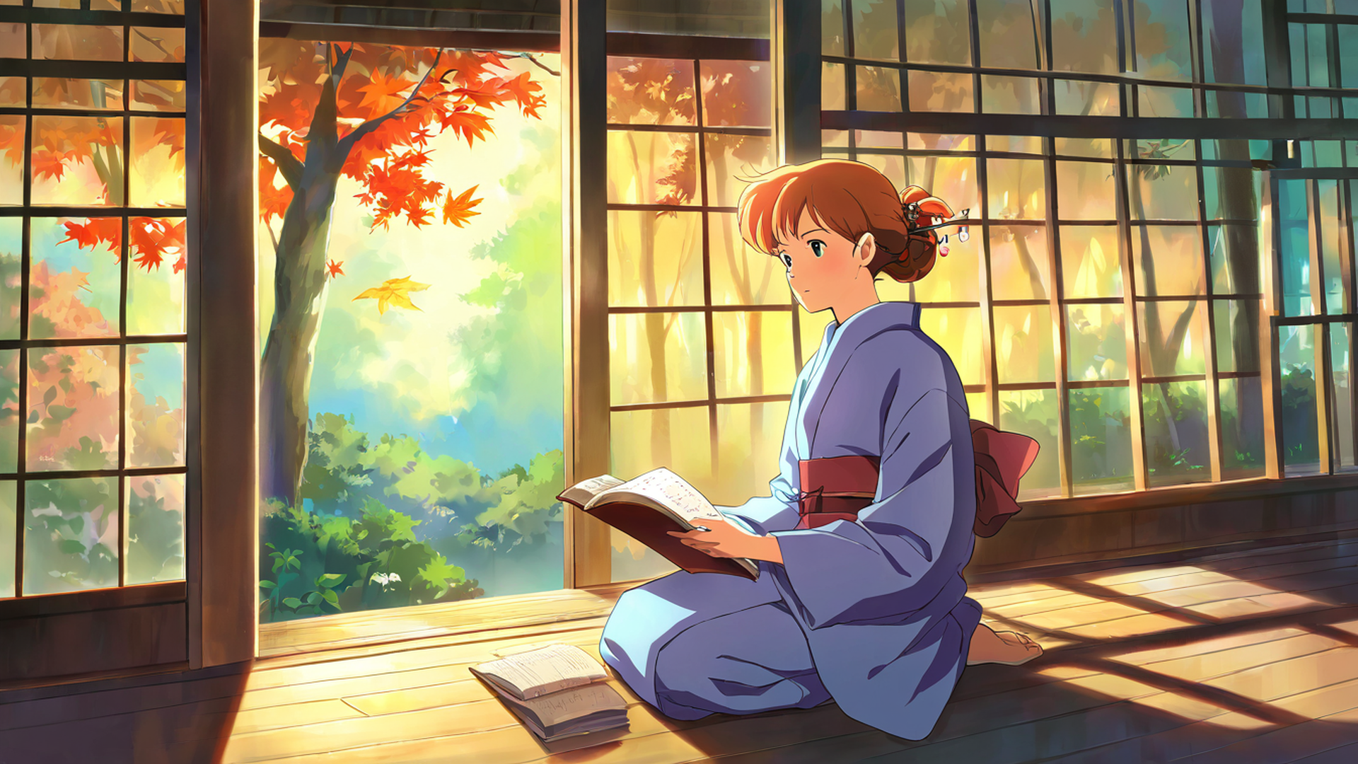 girl reading engawa lofi wallpaper
