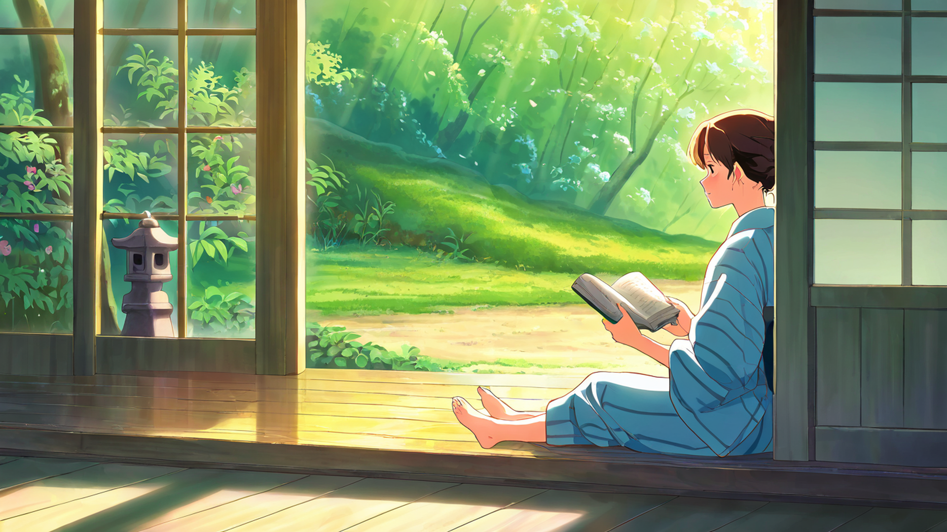girl reading engawa lofi wallpaper