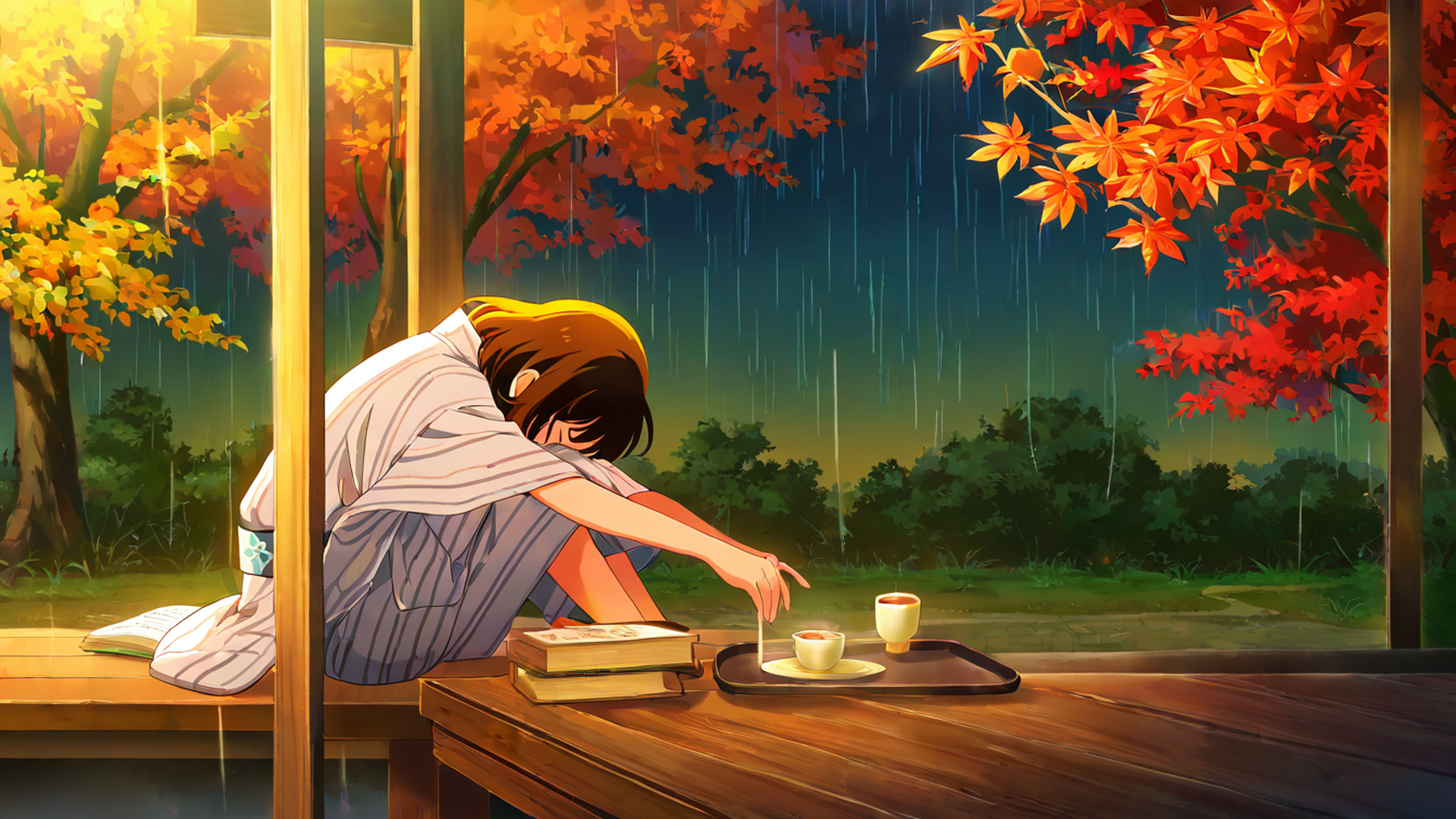 girl reading engawa lofi wallpaper