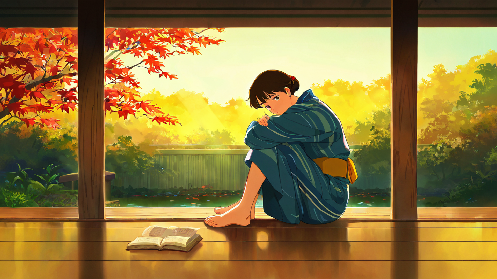 girl reading engawa lofi wallpaper