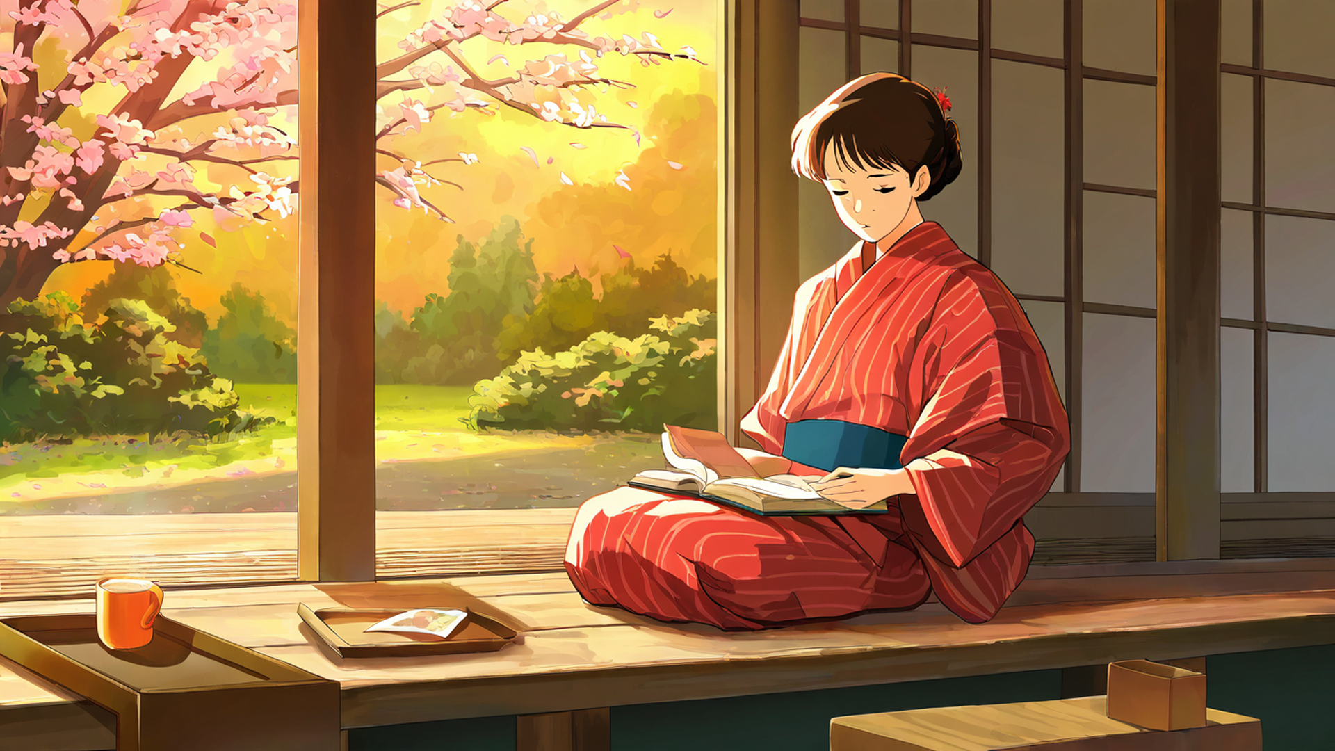 girl reading engawa lofi wallpaper