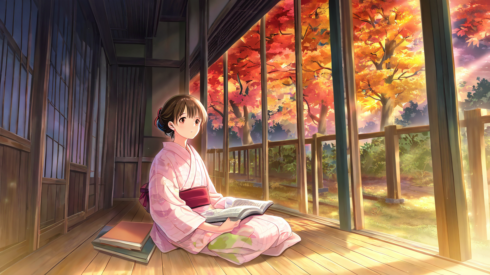 girl reading engawa lofi wallpaper