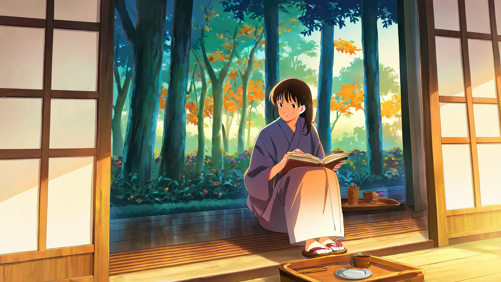 girl reading engawa lofi wallpaper