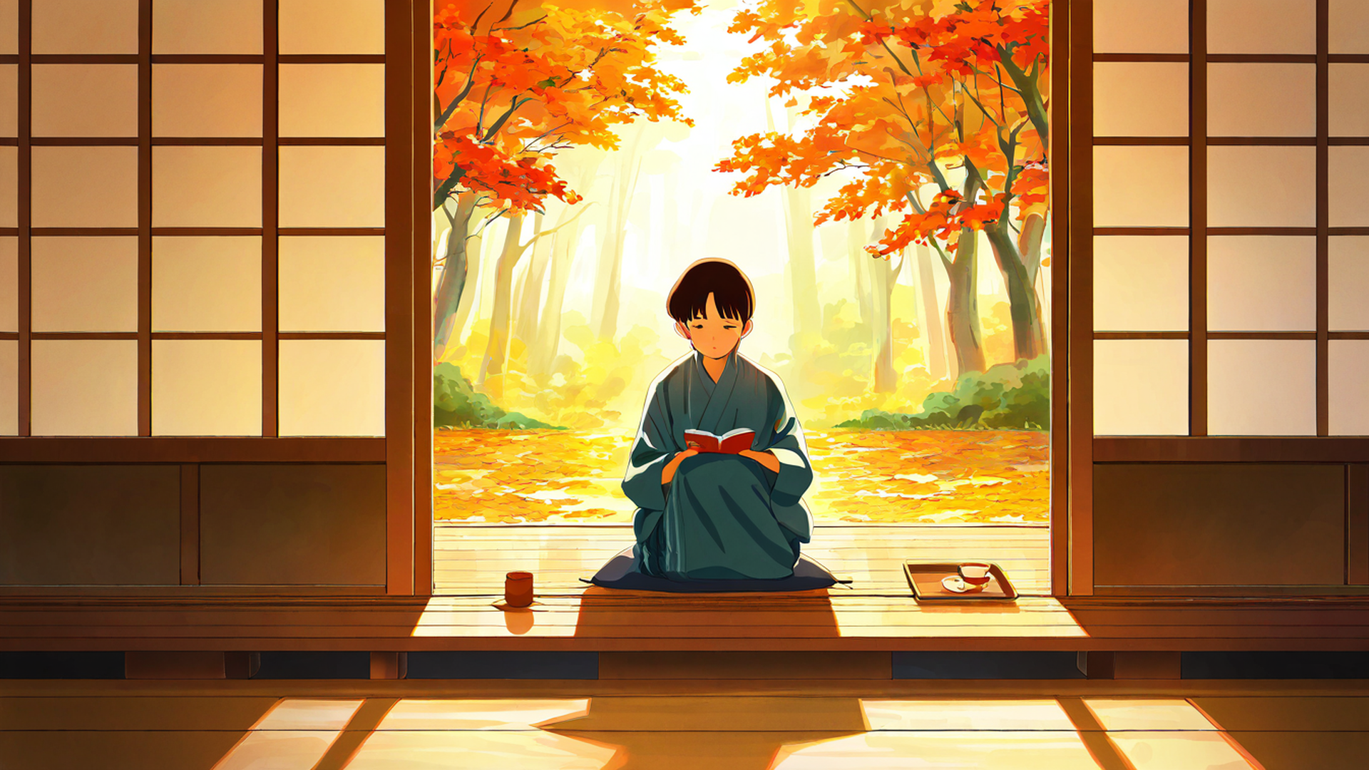 girl reading engawa lofi wallpaper