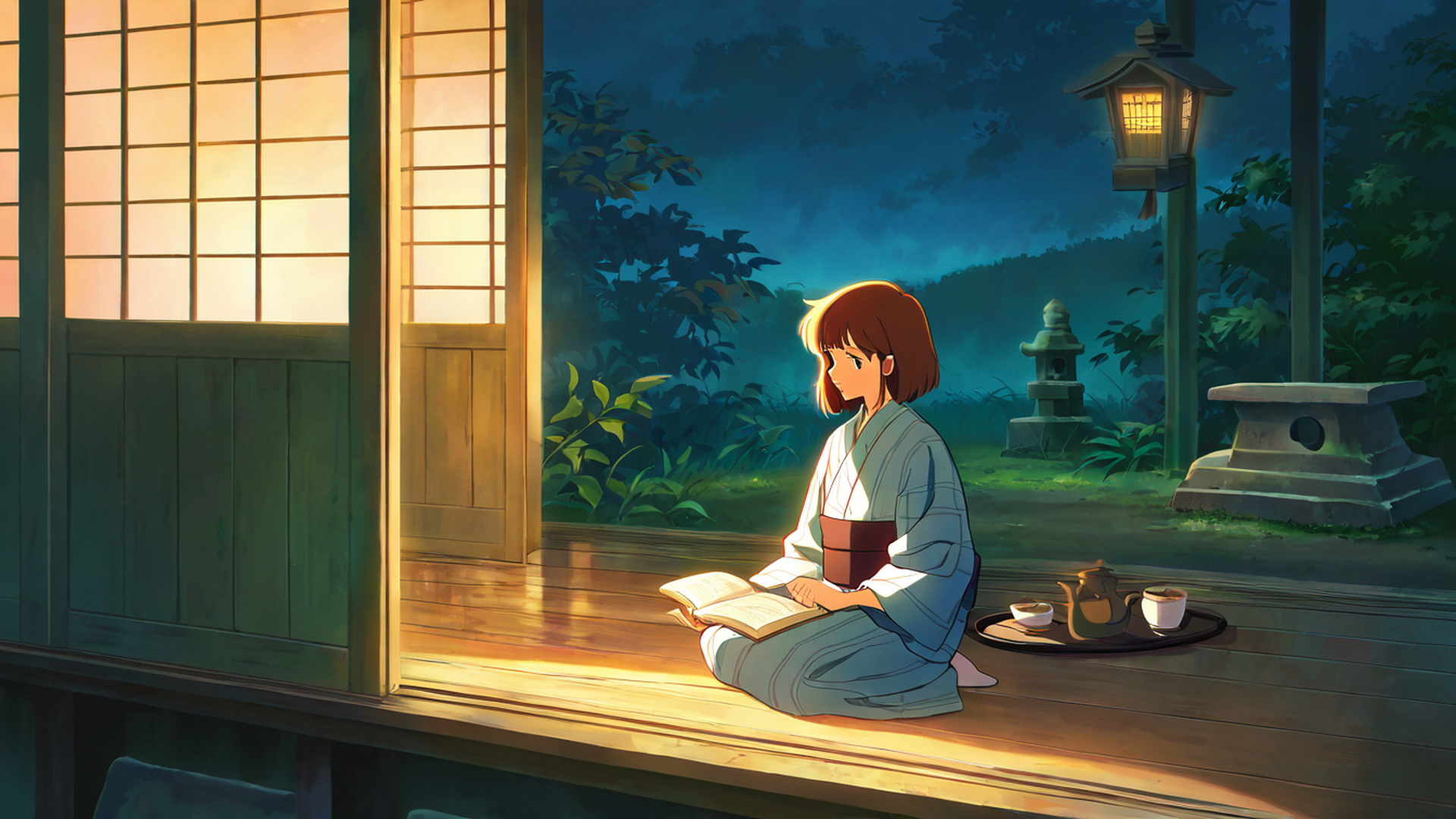 girl reading engawa lofi wallpaper