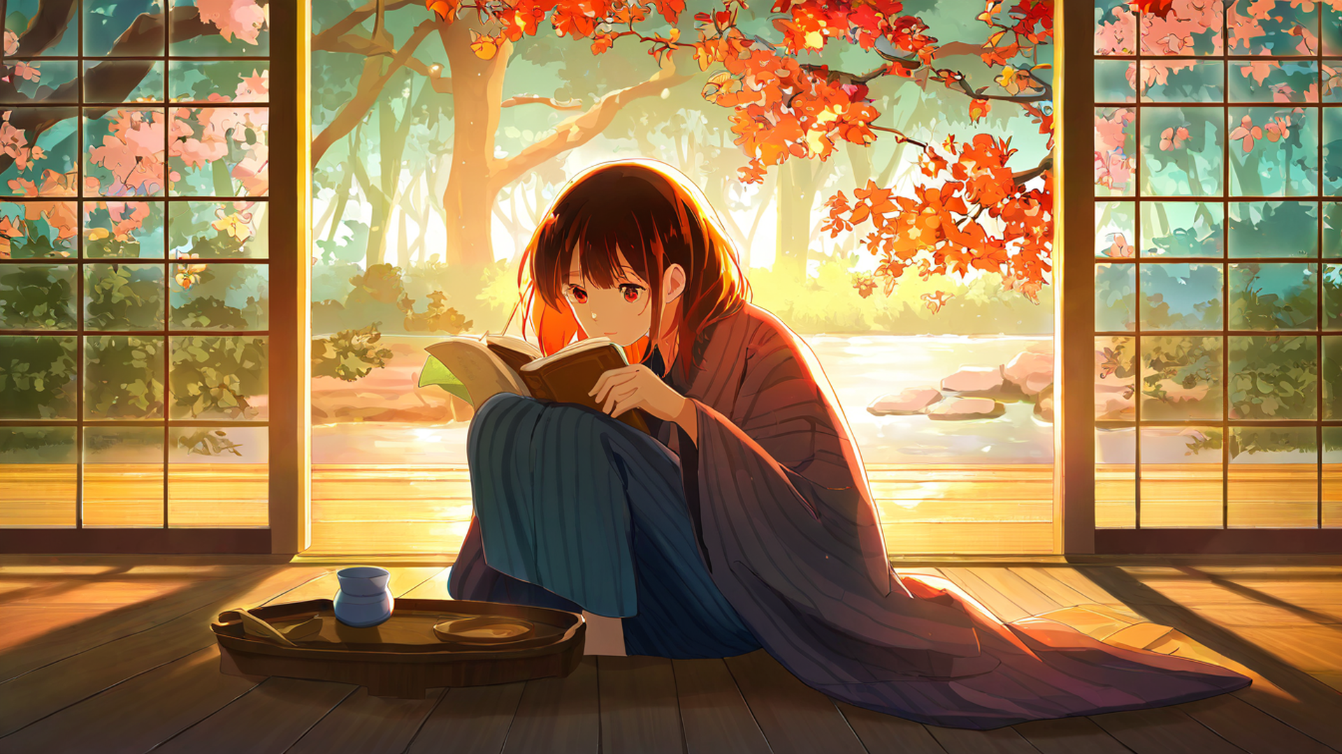 girl reading engawa lofi wallpaper