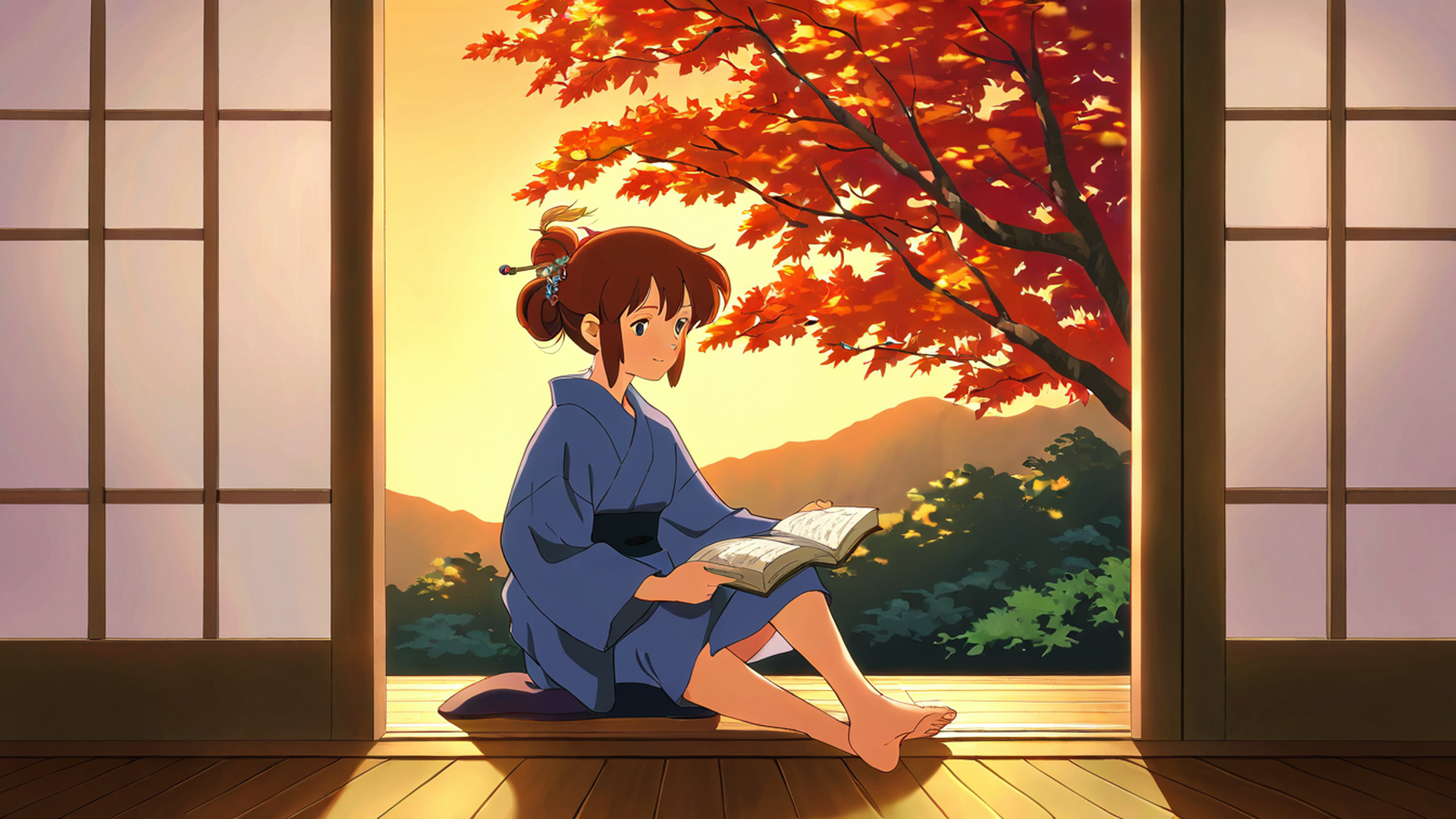 girl reading engawa lofi wallpaper