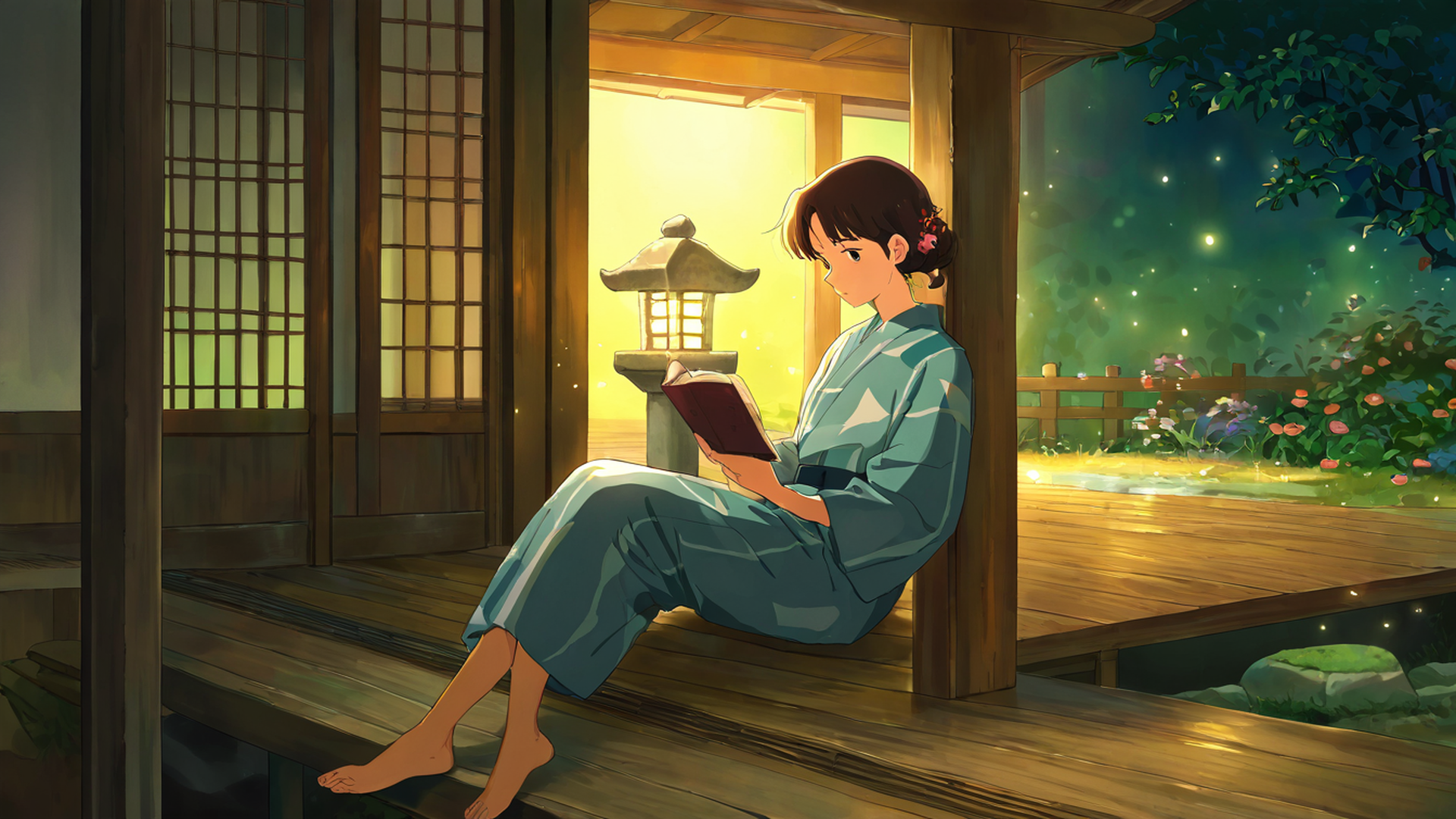 girl reading engawa lofi wallpaper