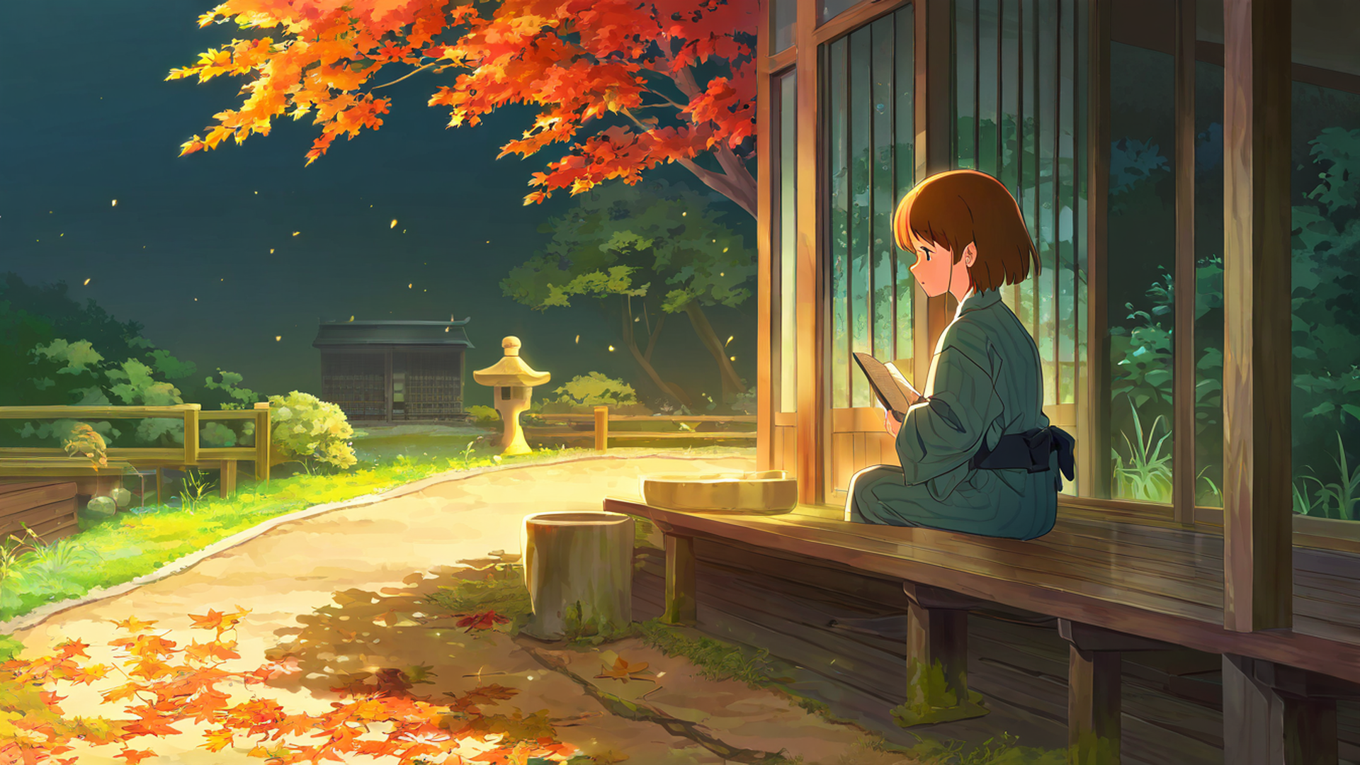 girl reading engawa lofi wallpaper