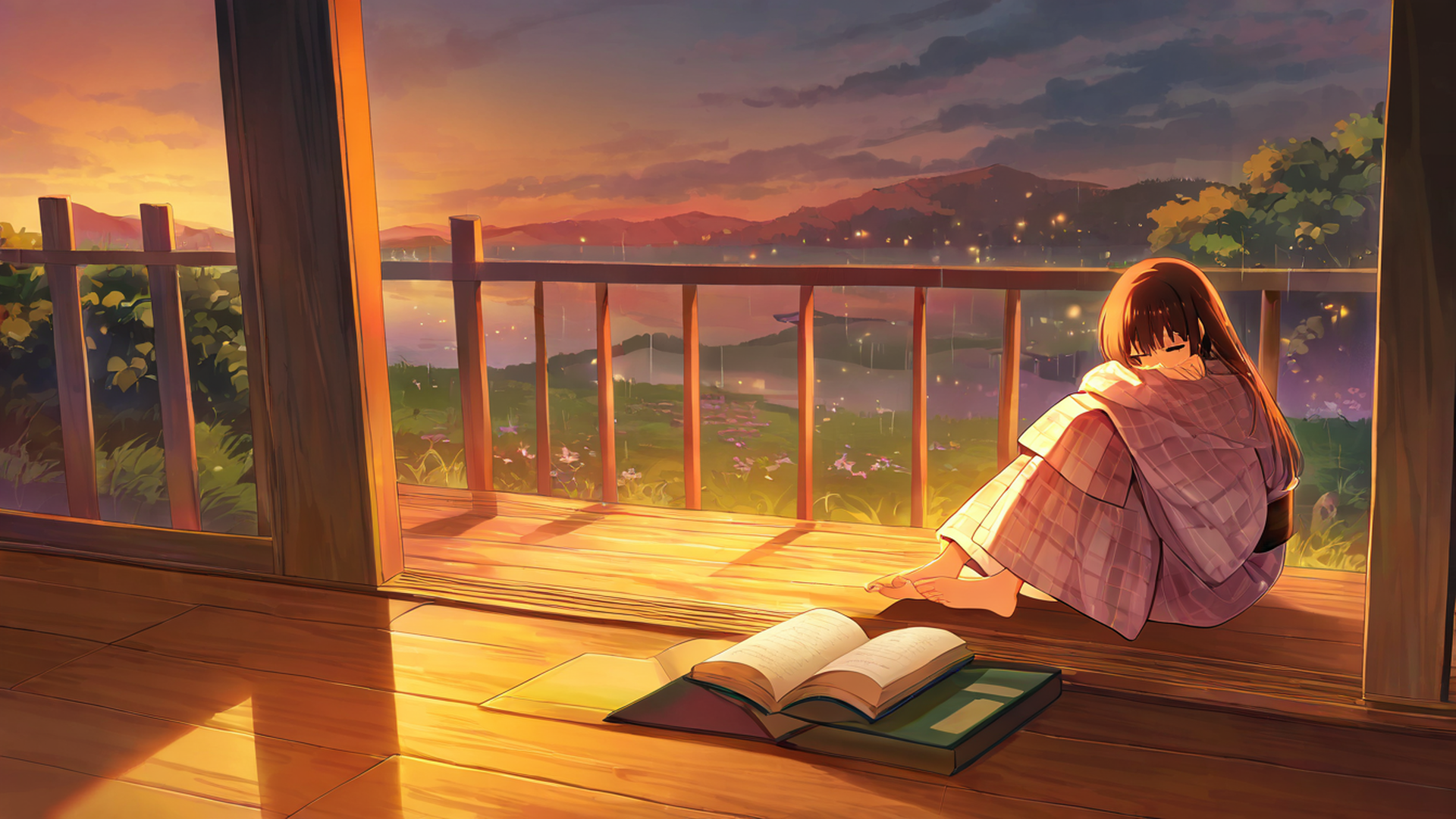 girl reading engawa lofi wallpaper