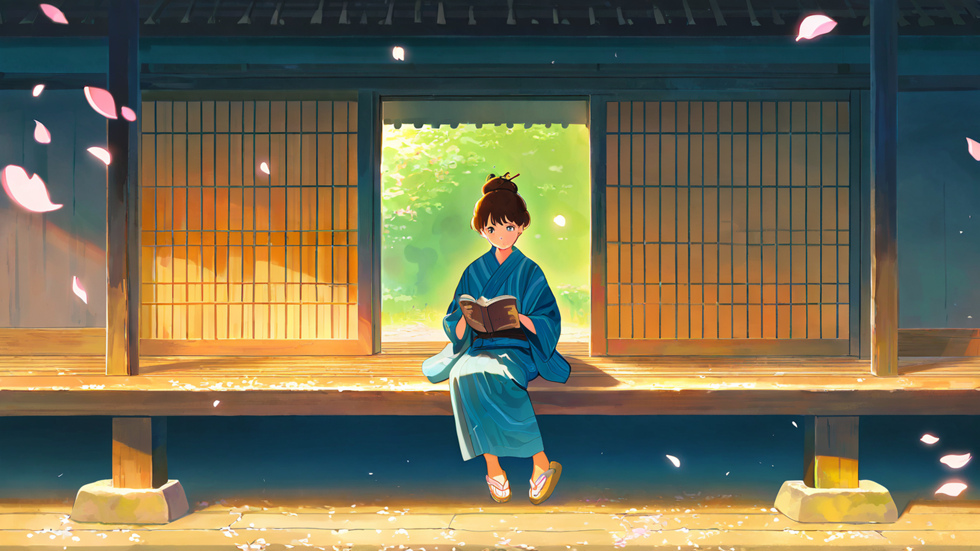 girl reading engawa lofi wallpaper