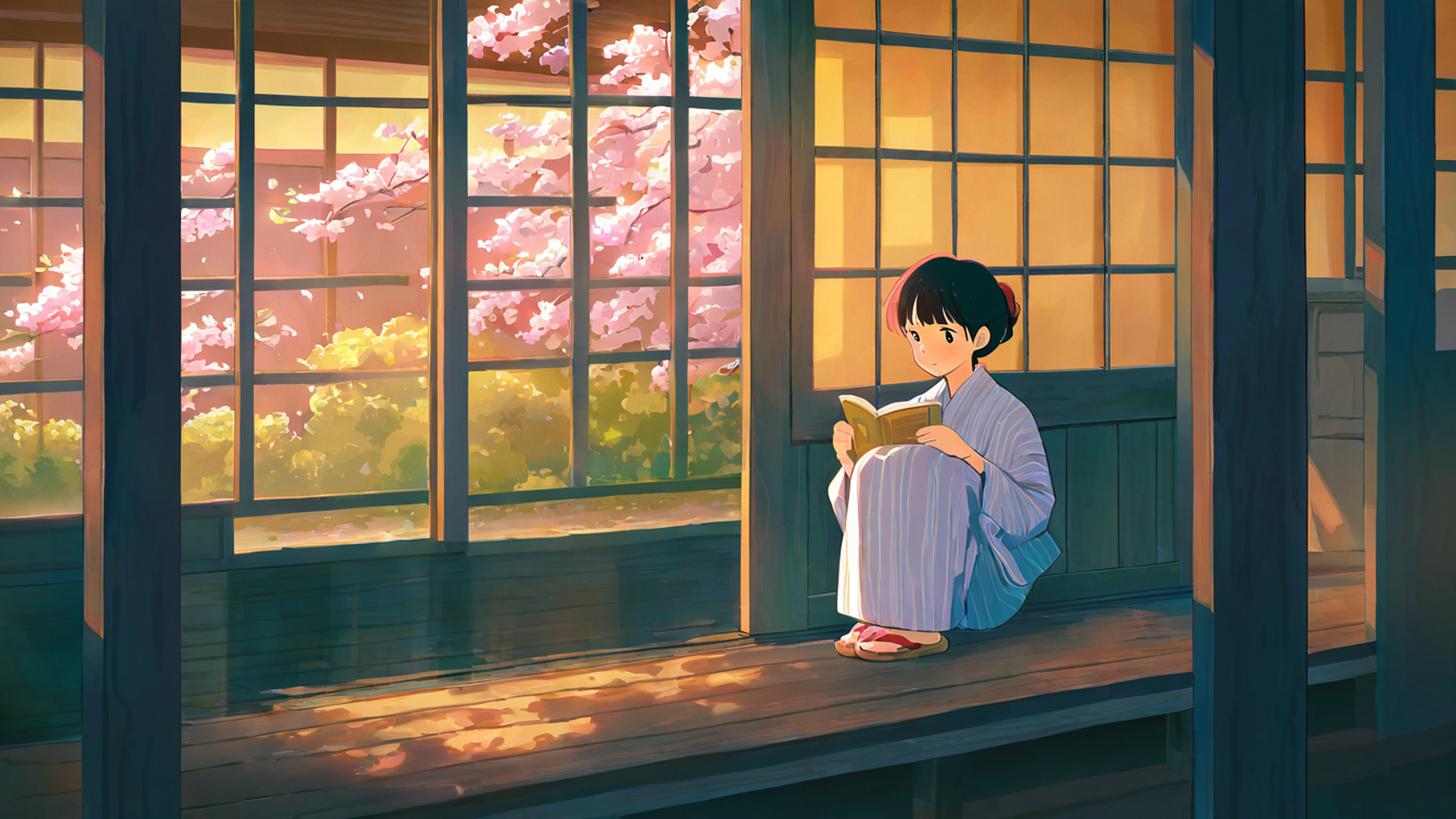 girl reading engawa lofi wallpaper