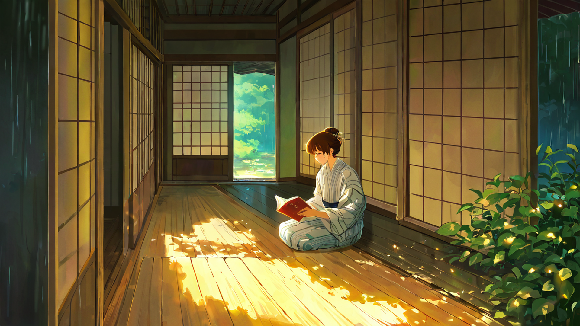girl reading engawa lofi wallpaper