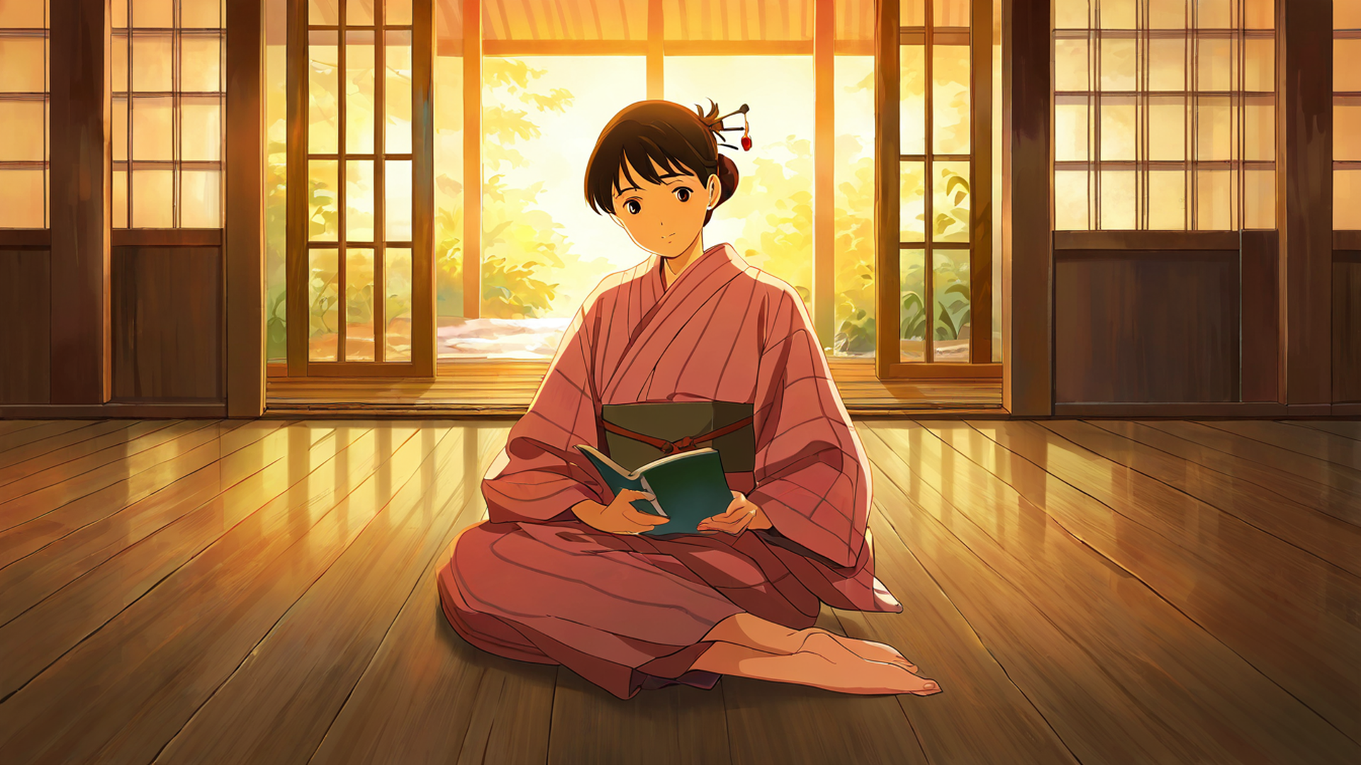 girl reading engawa lofi wallpaper