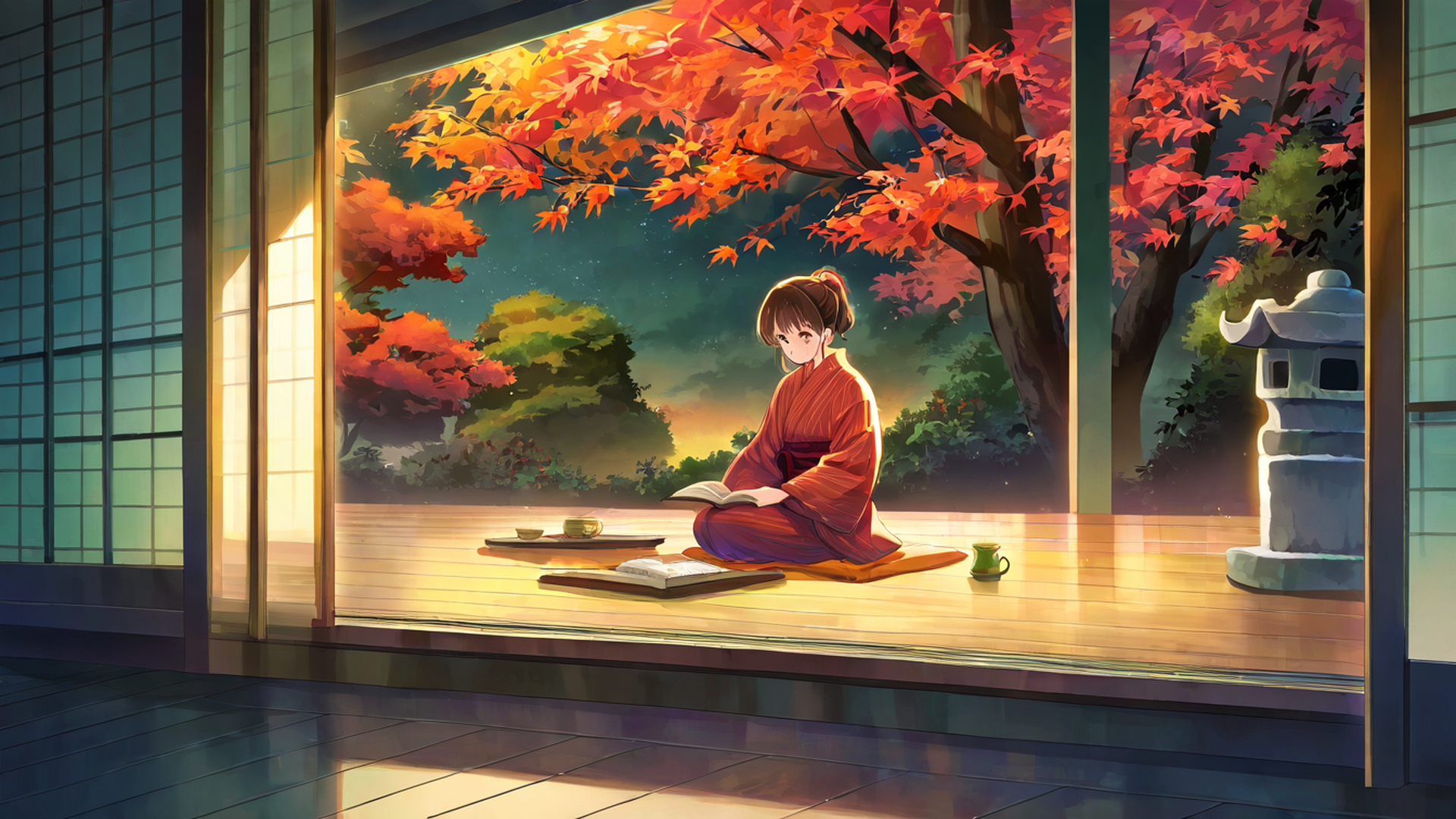 girl reading engawa lofi wallpaper