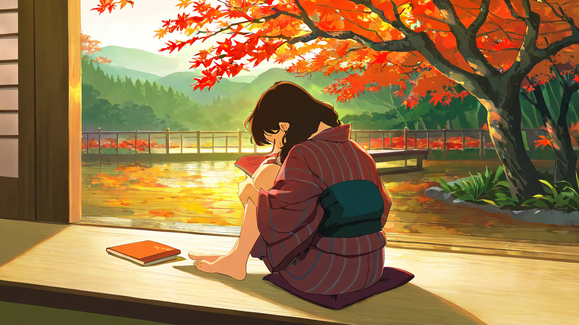 girl reading engawa lofi wallpaper