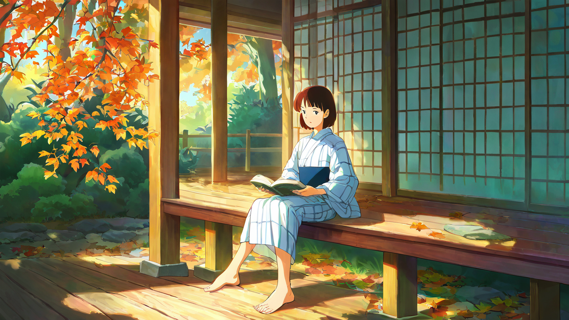 girl reading engawa lofi wallpaper