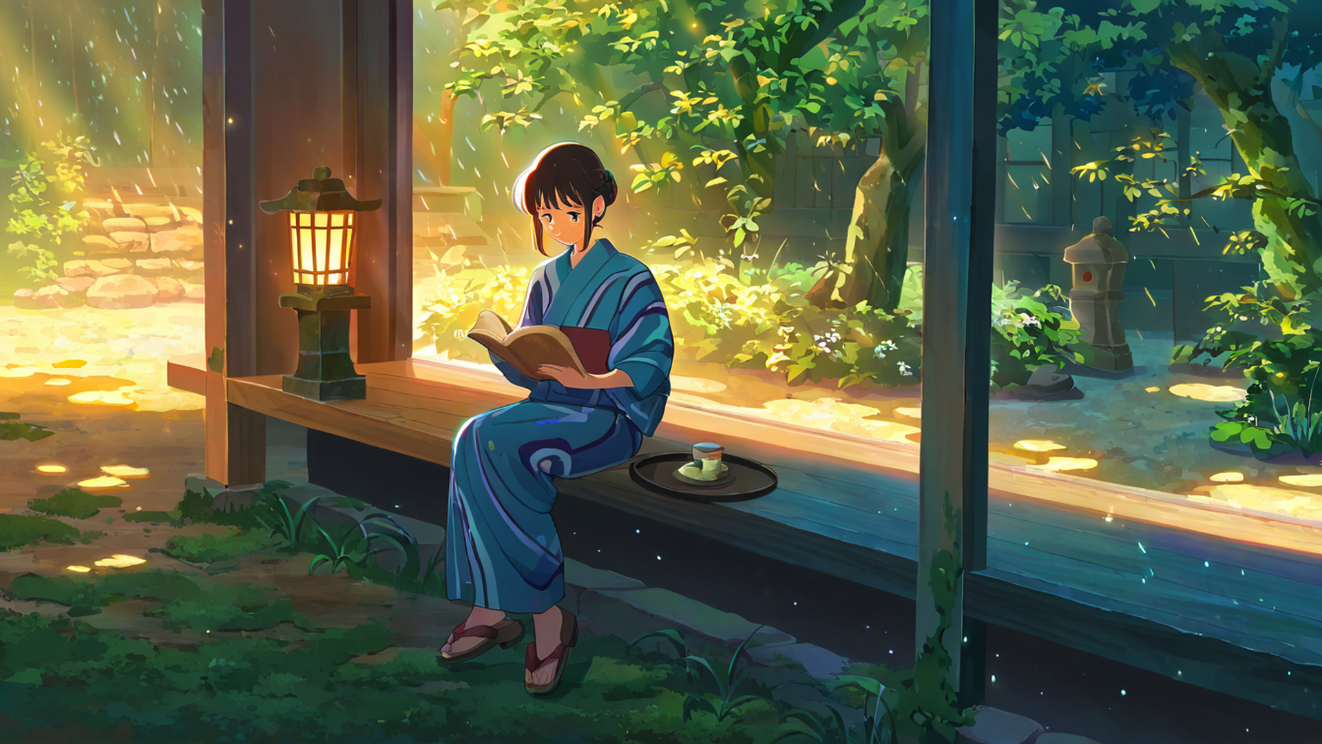 girl reading engawa lofi wallpaper