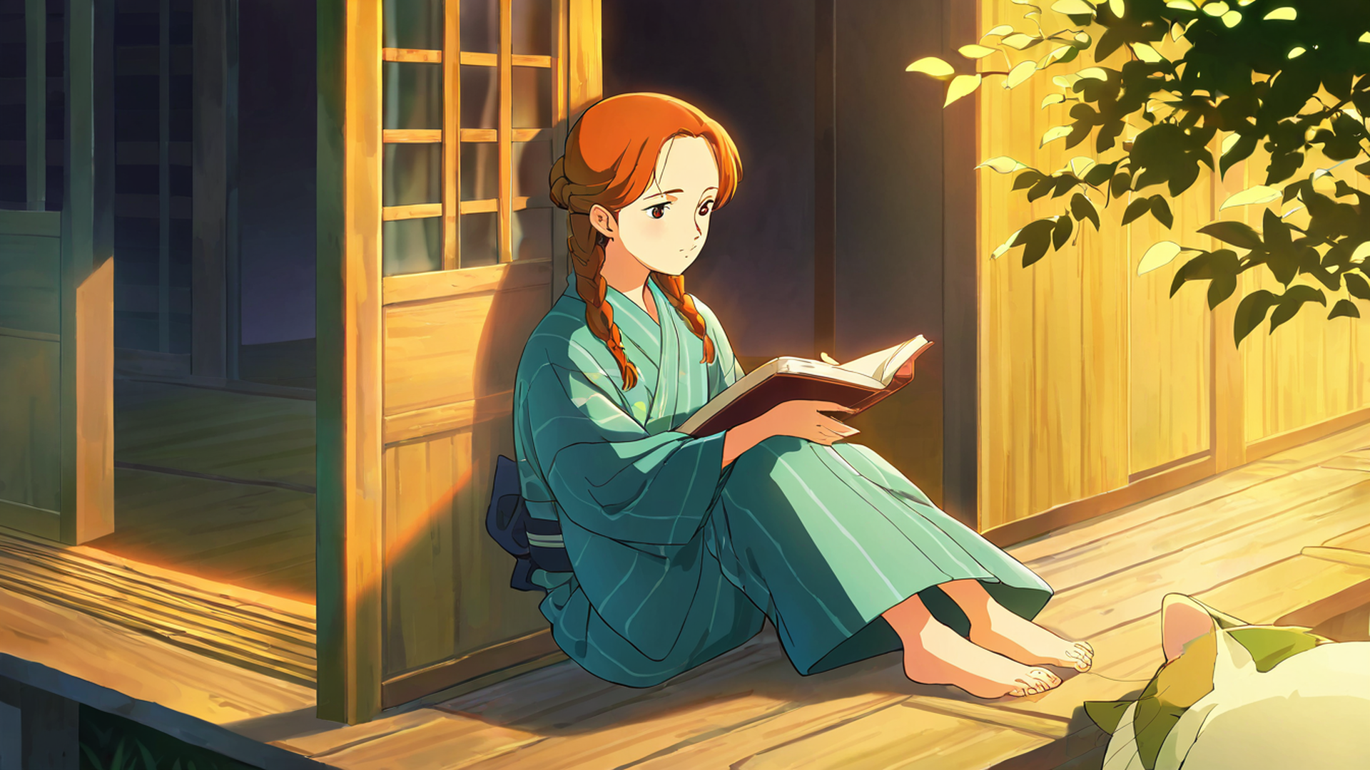 girl reading engawa lofi wallpaper