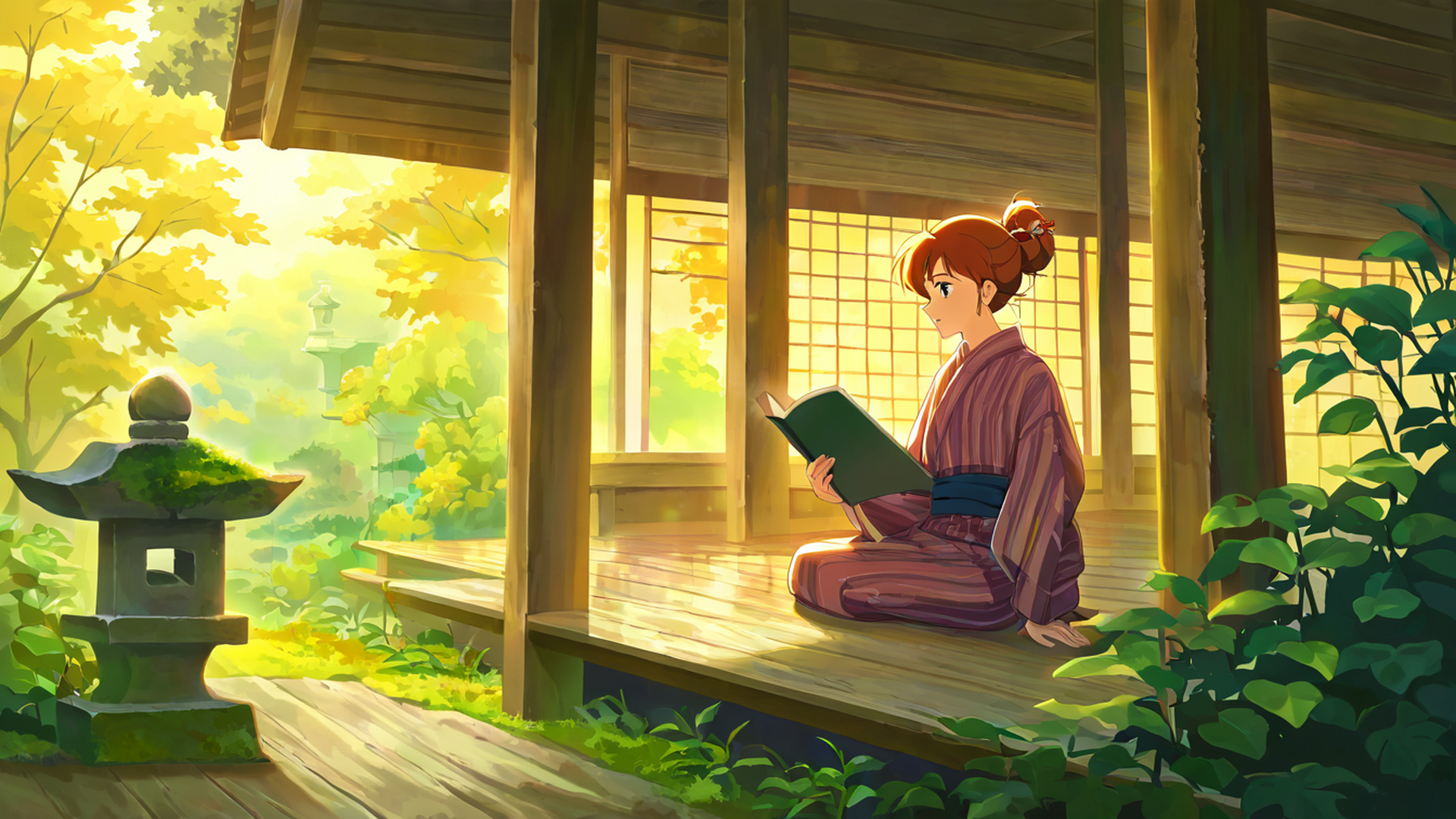 girl reading engawa lofi wallpaper