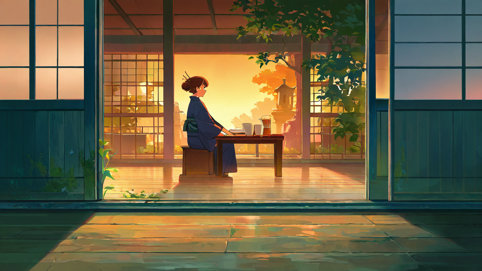 girl reading engawa lofi wallpaper