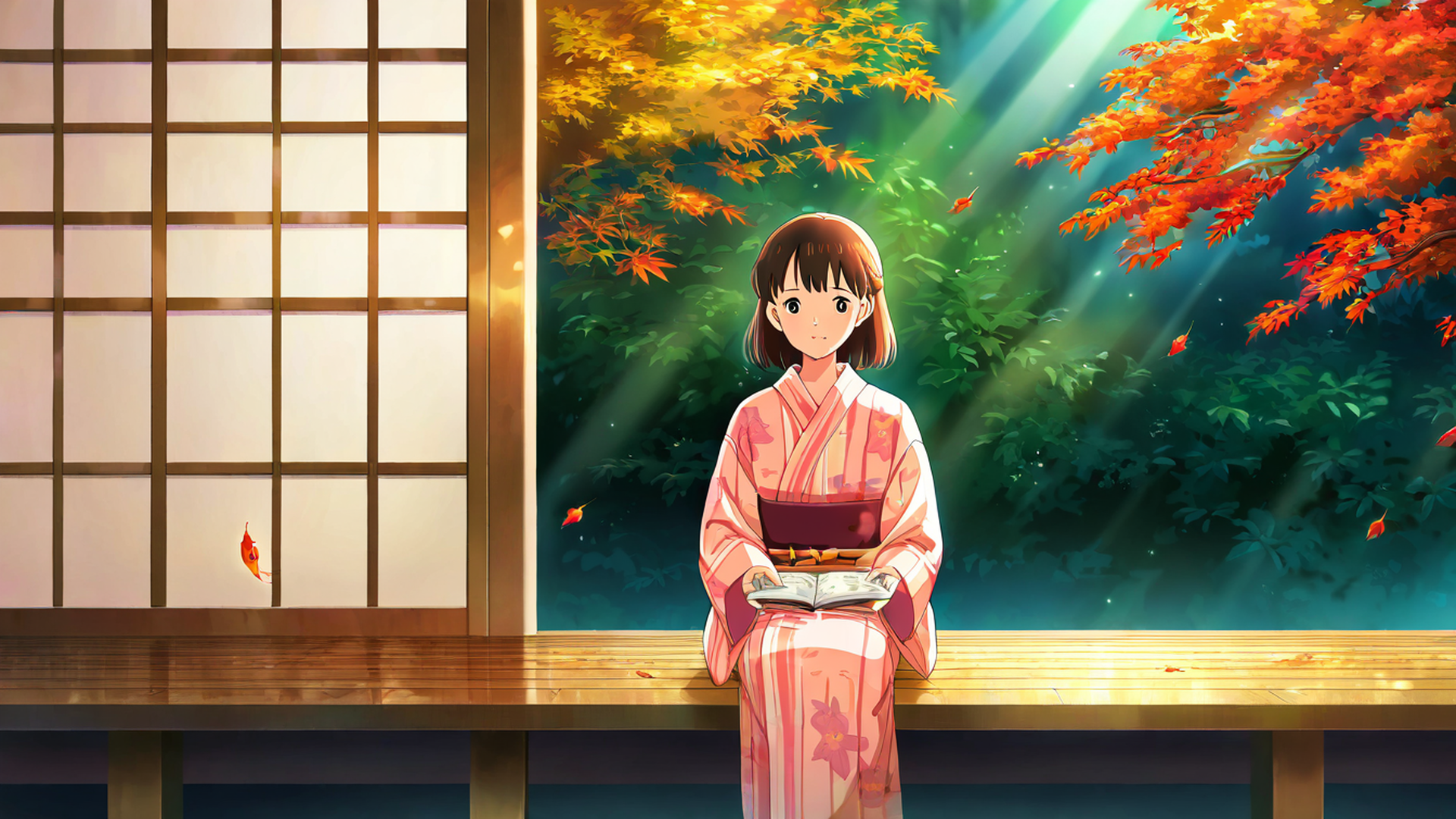 girl reading engawa lofi wallpaper