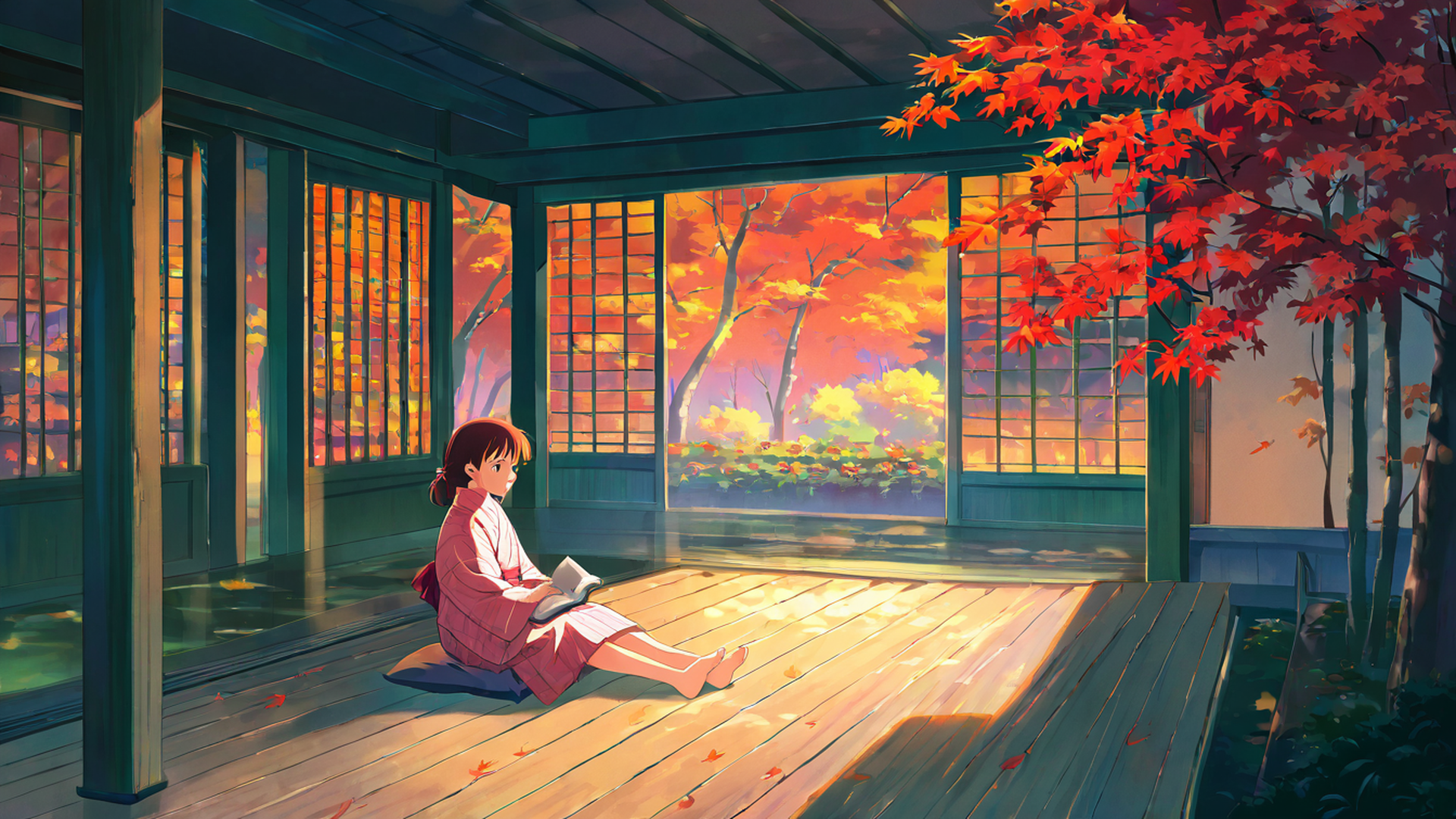 girl reading engawa lofi wallpaper