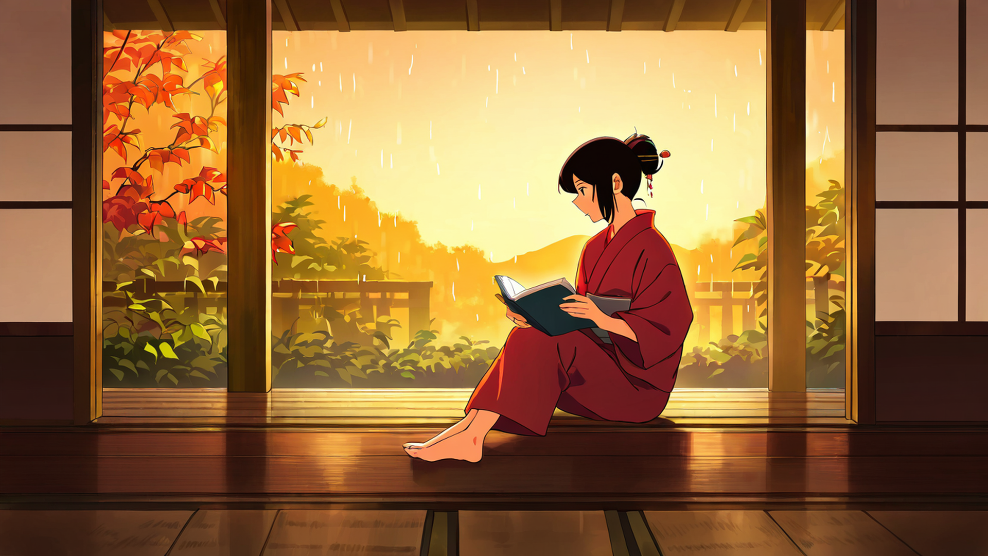 girl reading engawa lofi wallpaper