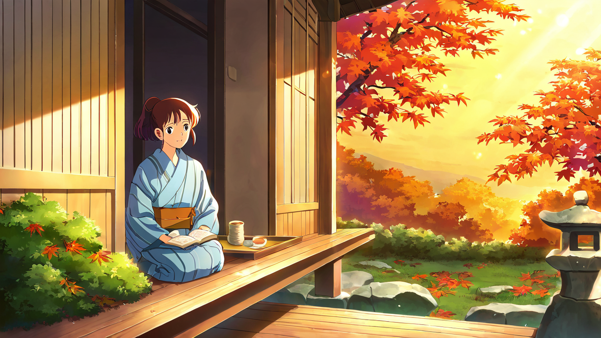 girl reading engawa lofi wallpaper