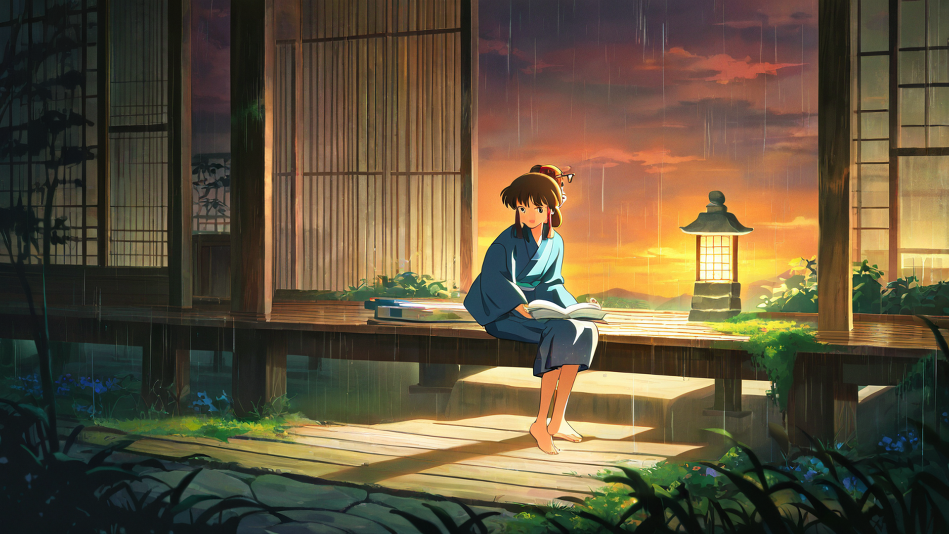 girl reading engawa lofi wallpaper