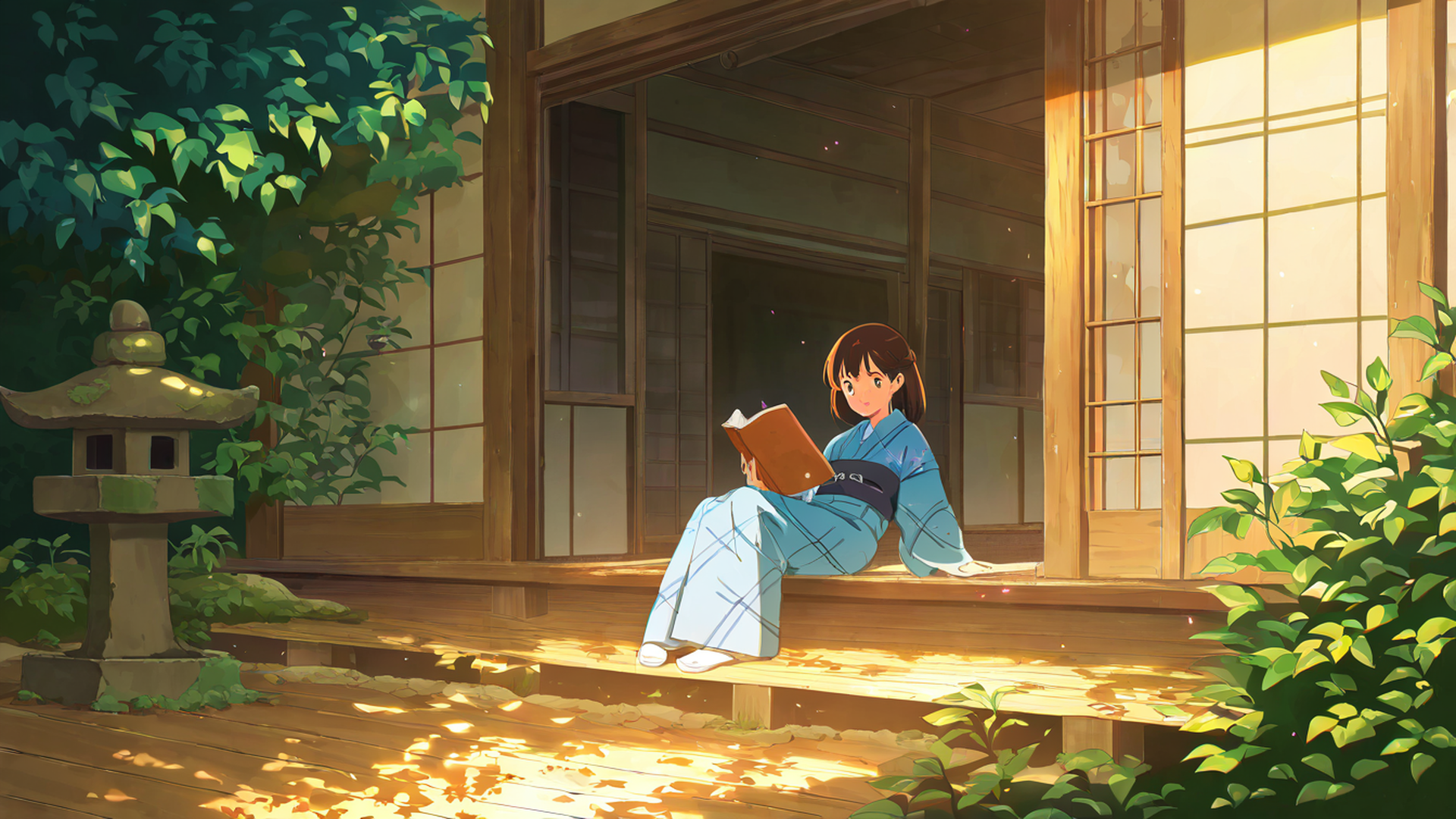 girl reading engawa lofi wallpaper