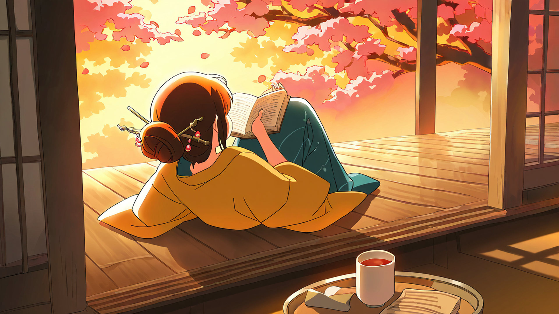 girl reading engawa lofi wallpaper