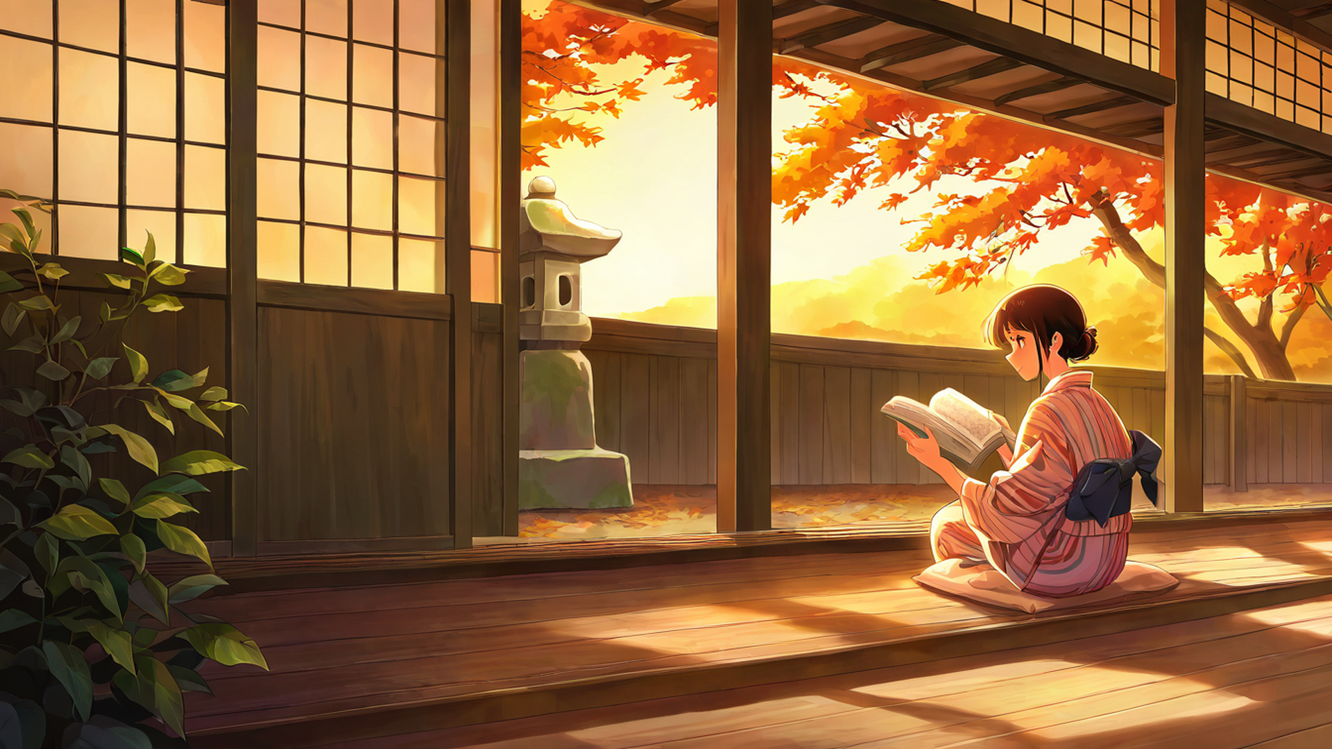 girl reading engawa lofi wallpaper