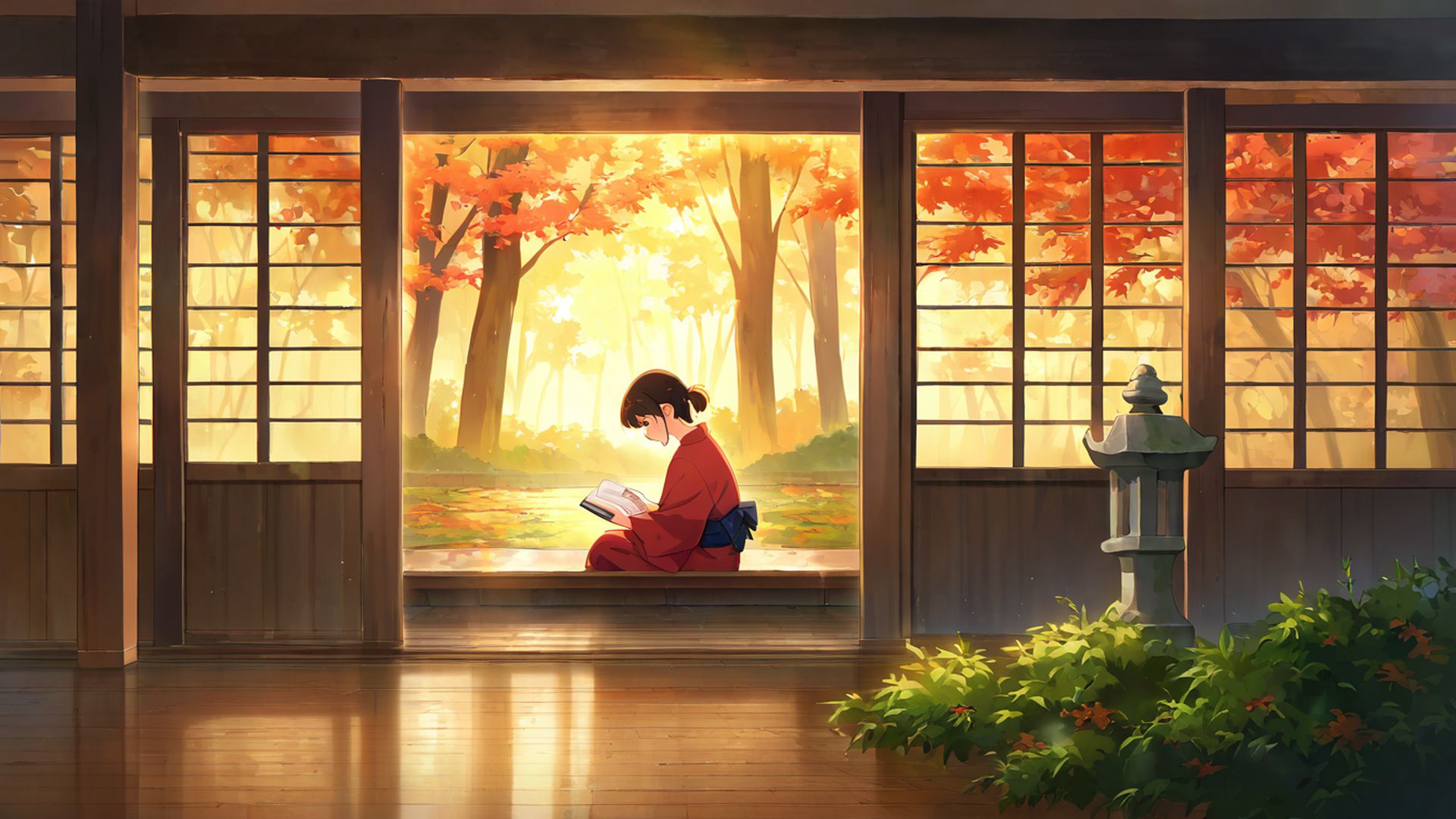 girl reading engawa lofi wallpaper
