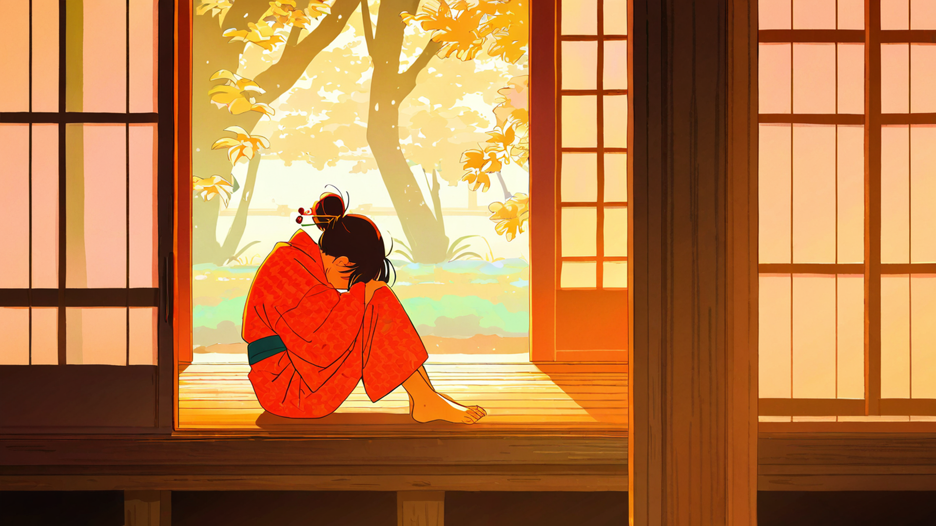 girl reading engawa lofi wallpaper