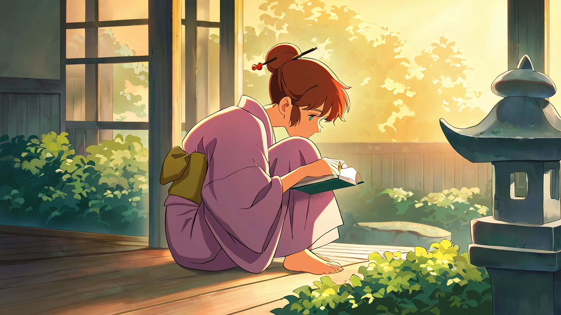 girl reading engawa lofi wallpaper