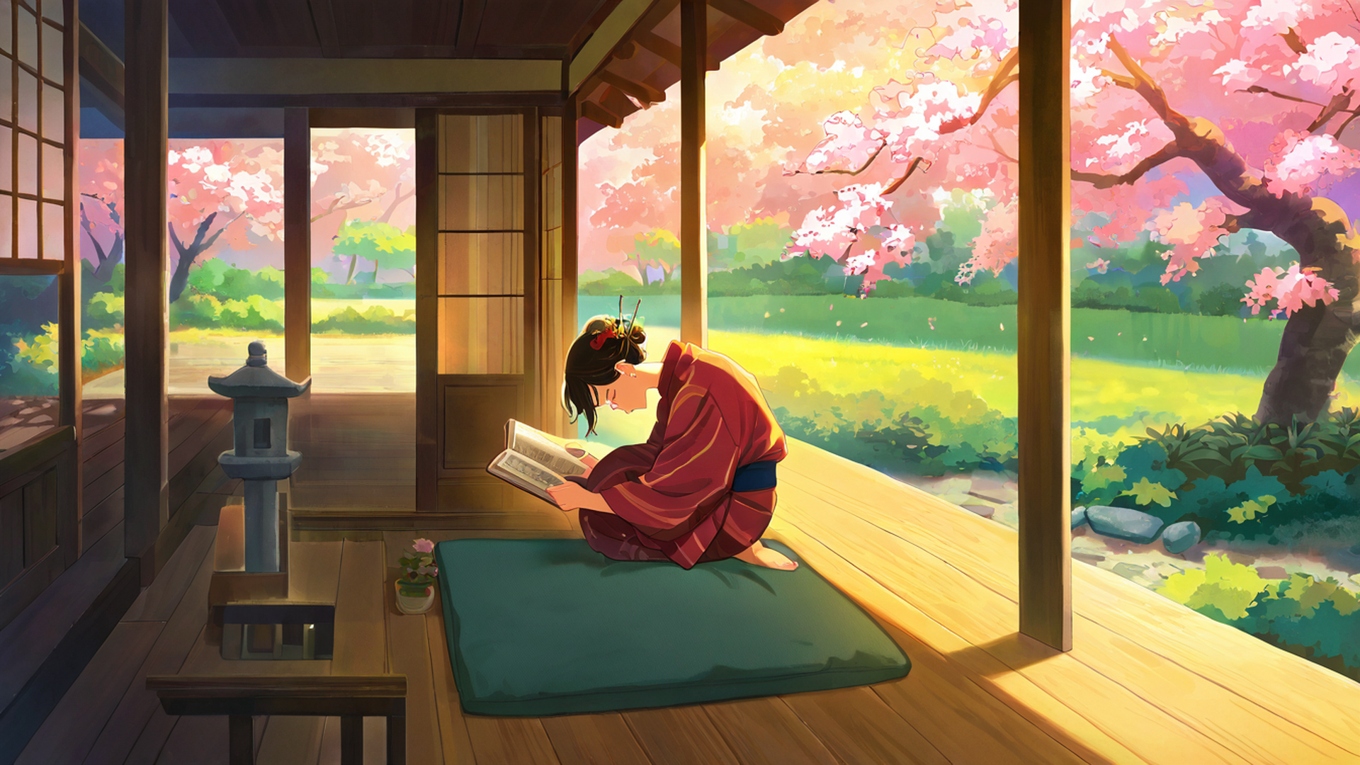girl reading engawa lofi wallpaper