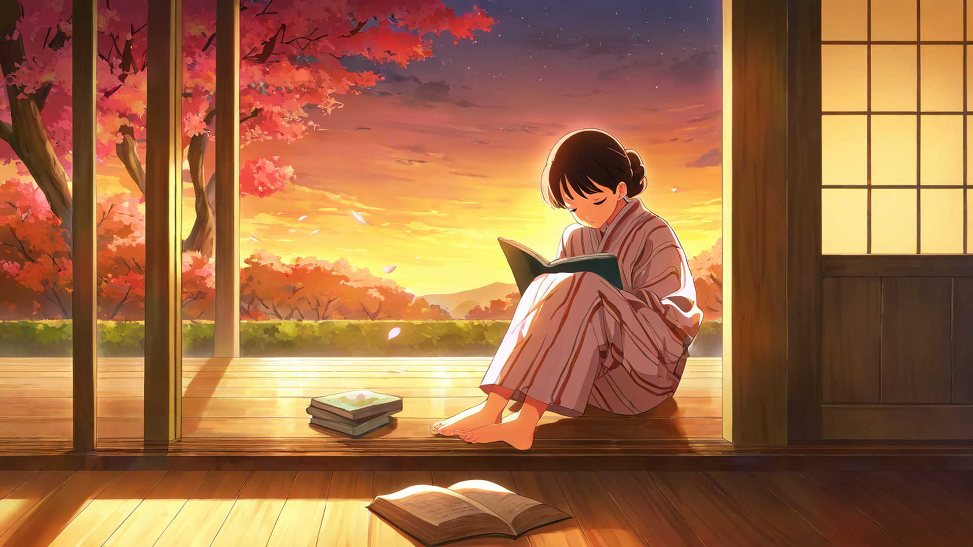girl reading engawa lofi wallpaper