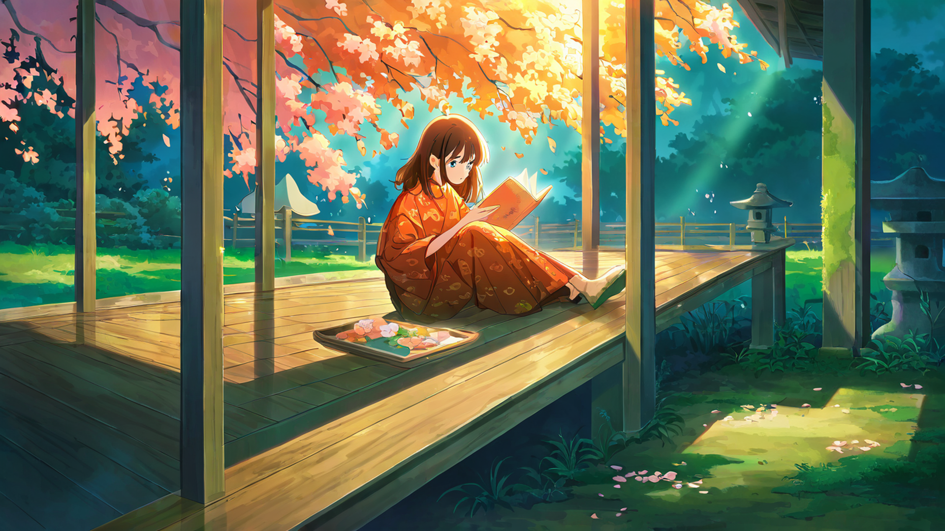 girl reading engawa lofi wallpaper