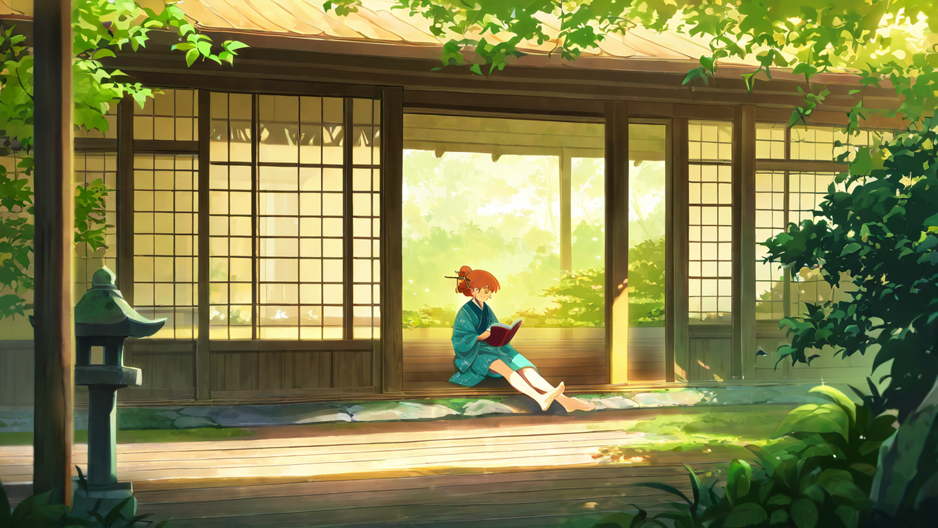 girl reading engawa lofi wallpaper