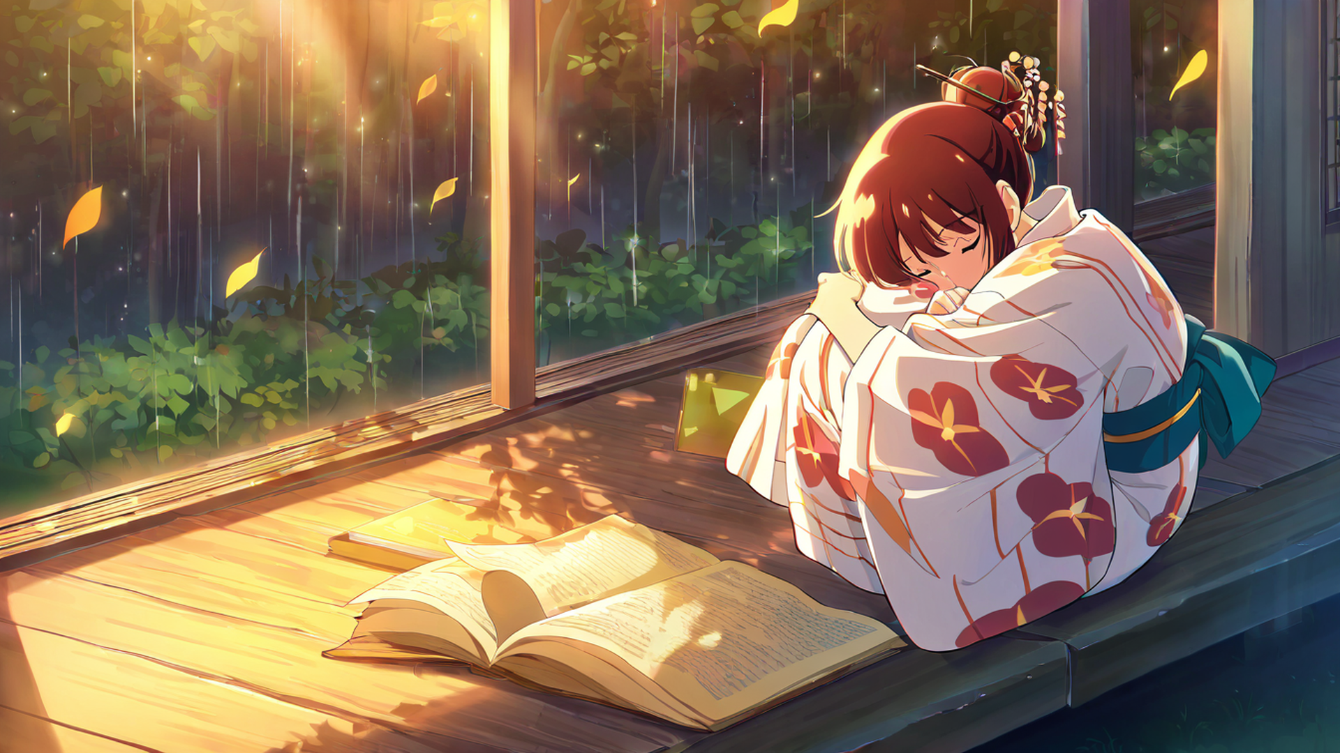 girl reading engawa lofi wallpaper