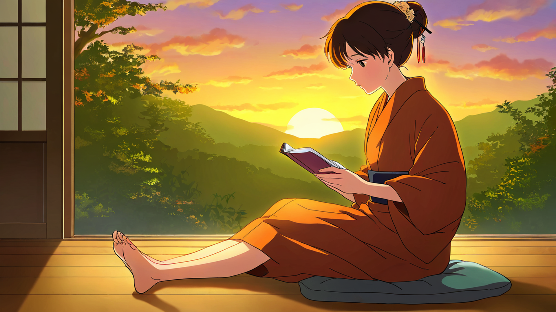 girl reading engawa lofi wallpaper